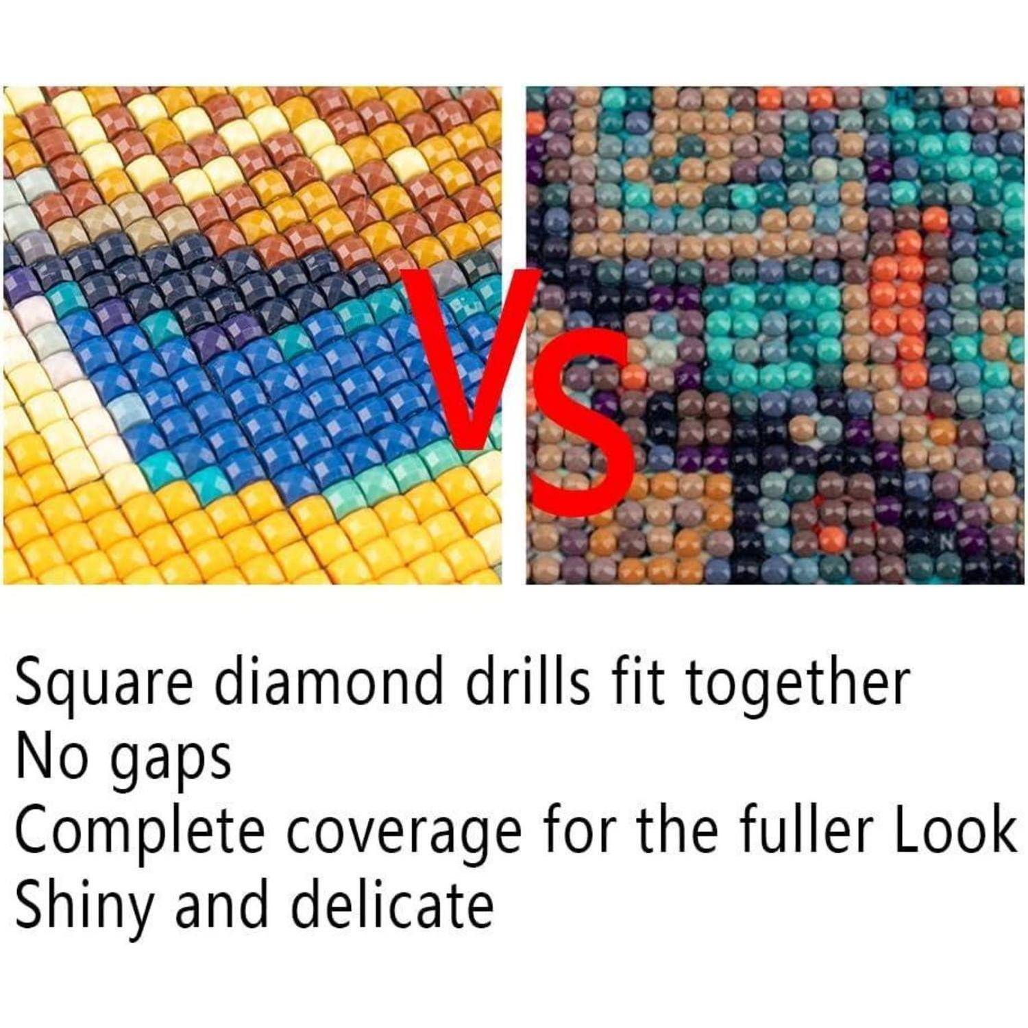 Vergleich von quadratischen Diamantbohrrern gegenüber runden Bohrrern: Quadratische Bohrer passen eng aneinander ohne Lücken für vollständigere, glänzendere Abdeckung, dargestellt in einem Nebeneinander-Mosaik mit „vs