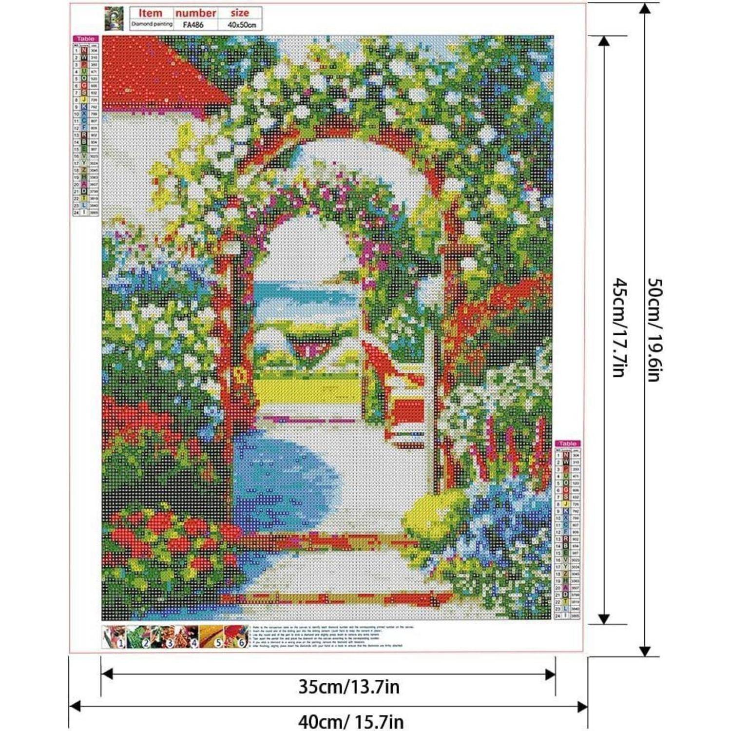 Diamantmalerei-Set mit Bild einer farbenfrohen Gartentor-Szene, gekennzeichnet mit 40 cm x 50 cm und einem Leinwandbereich von 35 cm x 45 cm.