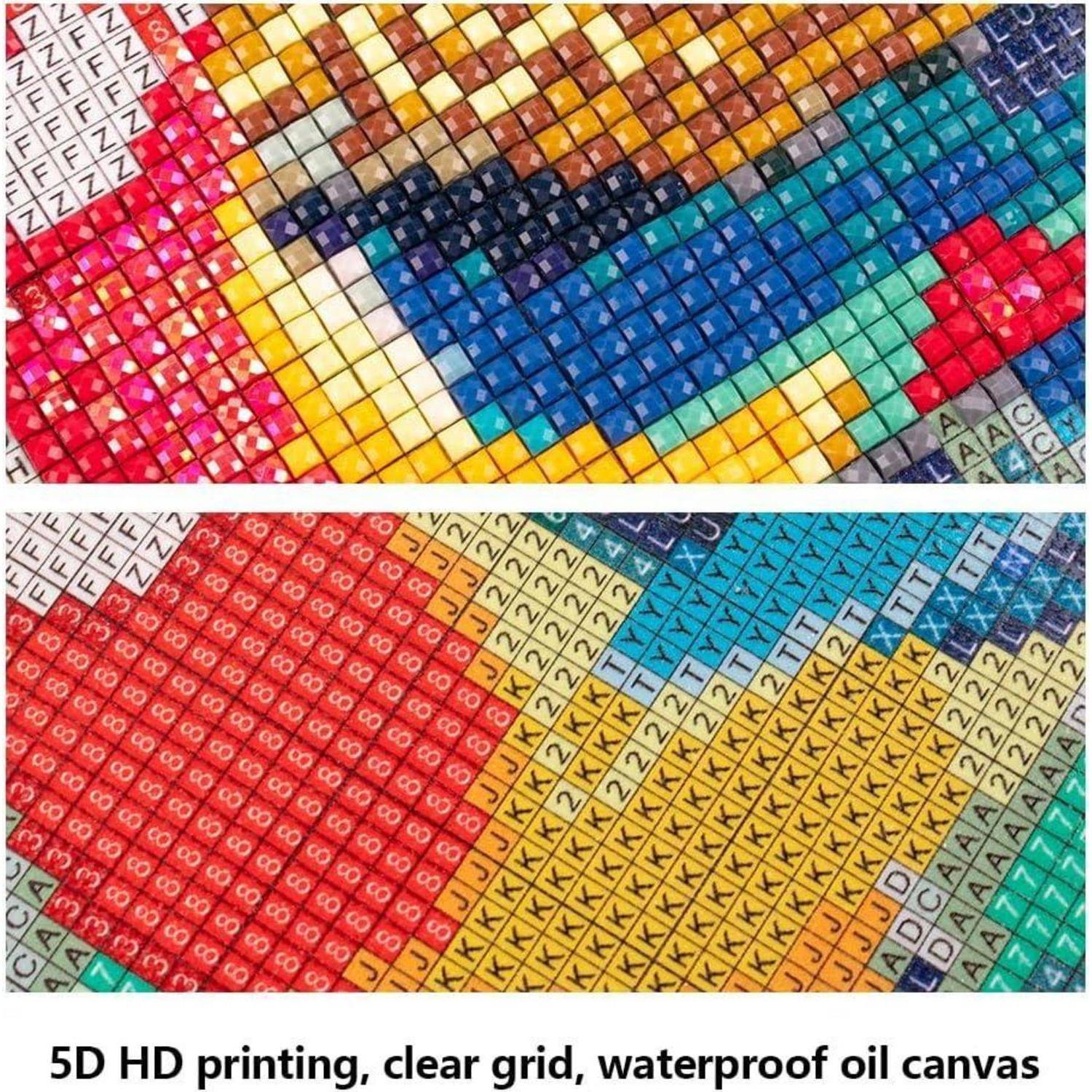 Nahaufnahme von farbigen bedruckten quadratischen Rastermusterproben auf wasserfestem Ölleinen, die dichte Farbblöcke und beschriftete Kacheln zeigen, mit Text „5D HD Druck, klares Raster, wasserfestes Ölleinen
