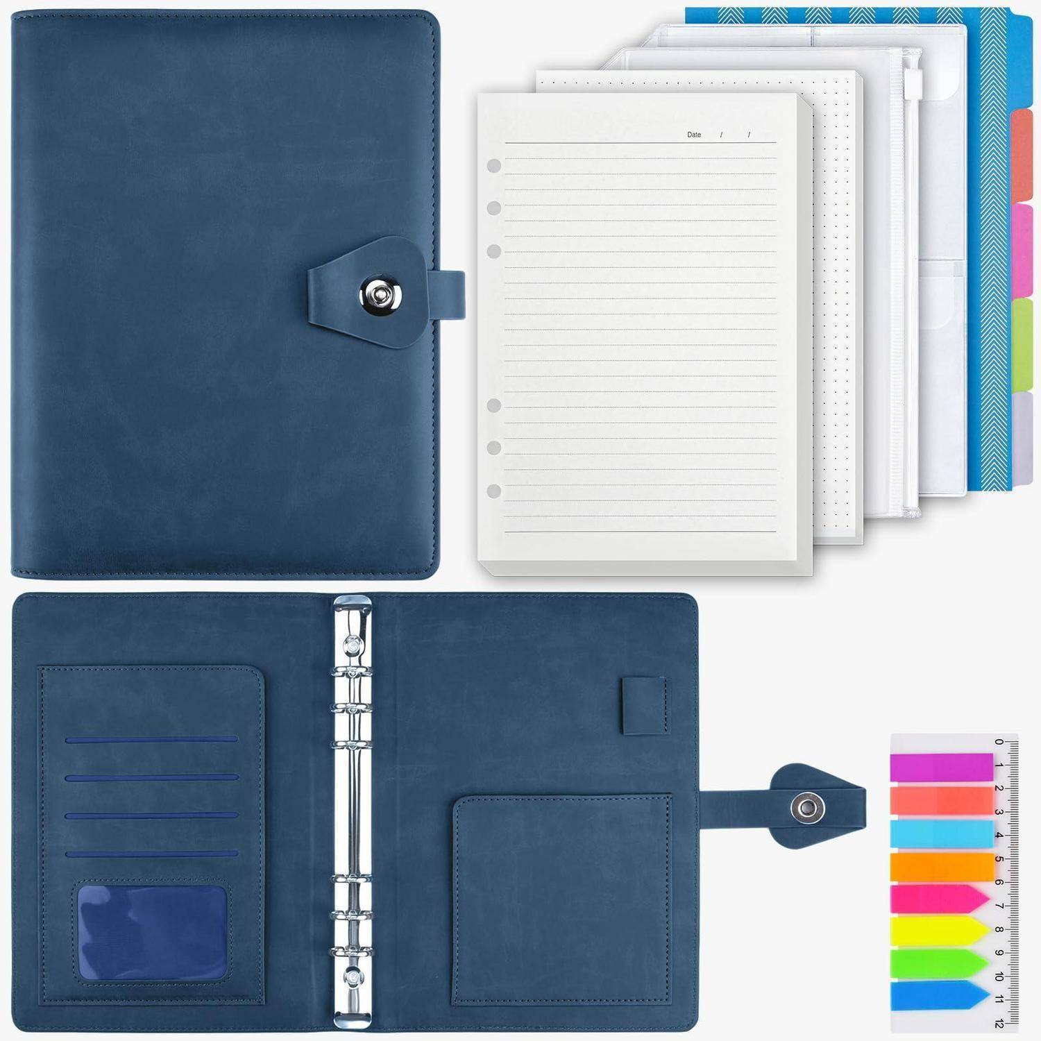 Blauer ringgebundener Planer, geschlossen und geöffnet dargestellt, mit liniierten Seiten, Taschen und farbigen Register-Reitern zum Organisieren von Notizen.