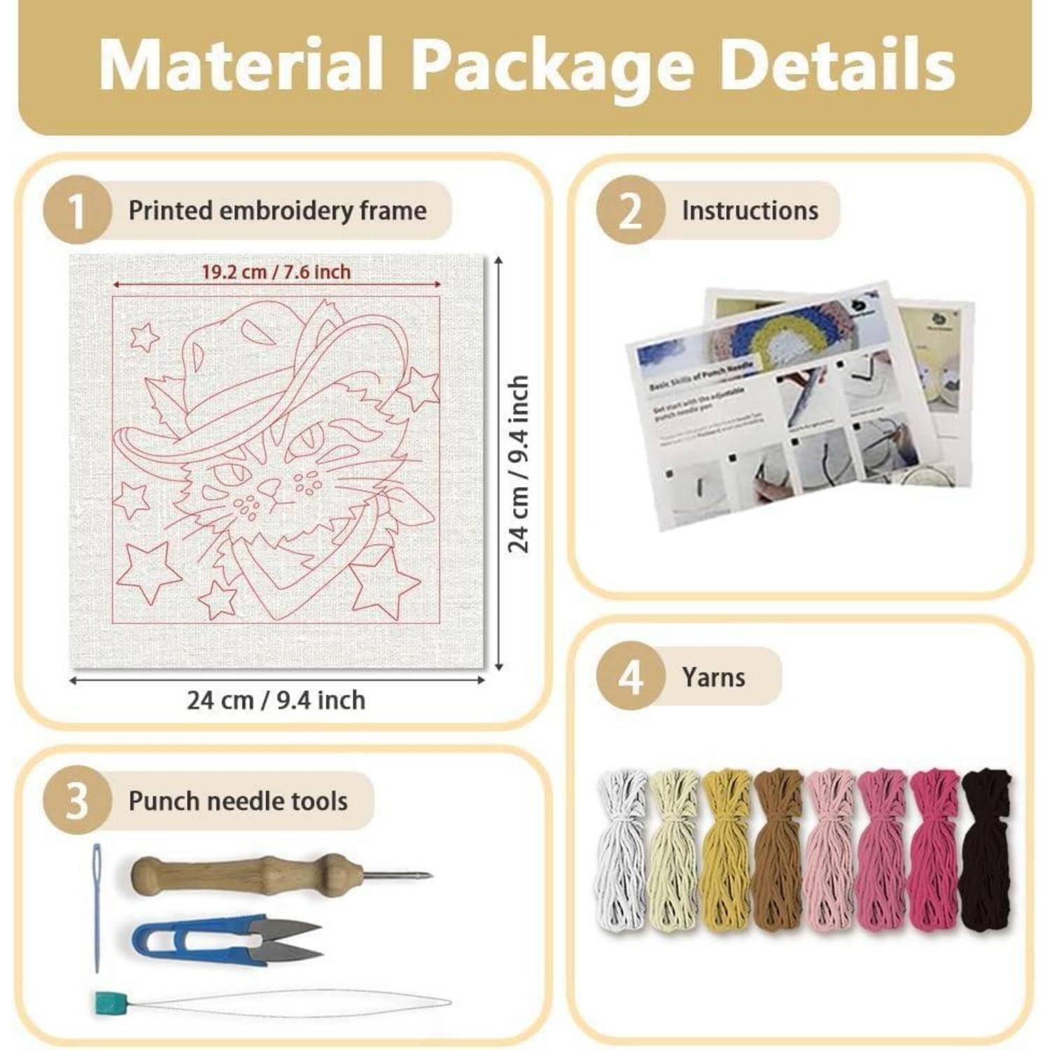 Materialpaketdetails für ein Punch-Needle-Stickerei-Set: bedruckter Stickrahmen, Anleitung, Punch-Needle-Werkzeuge und mehrere Garnfarben, mit Rahmengröße 24 cm x 24 cm.