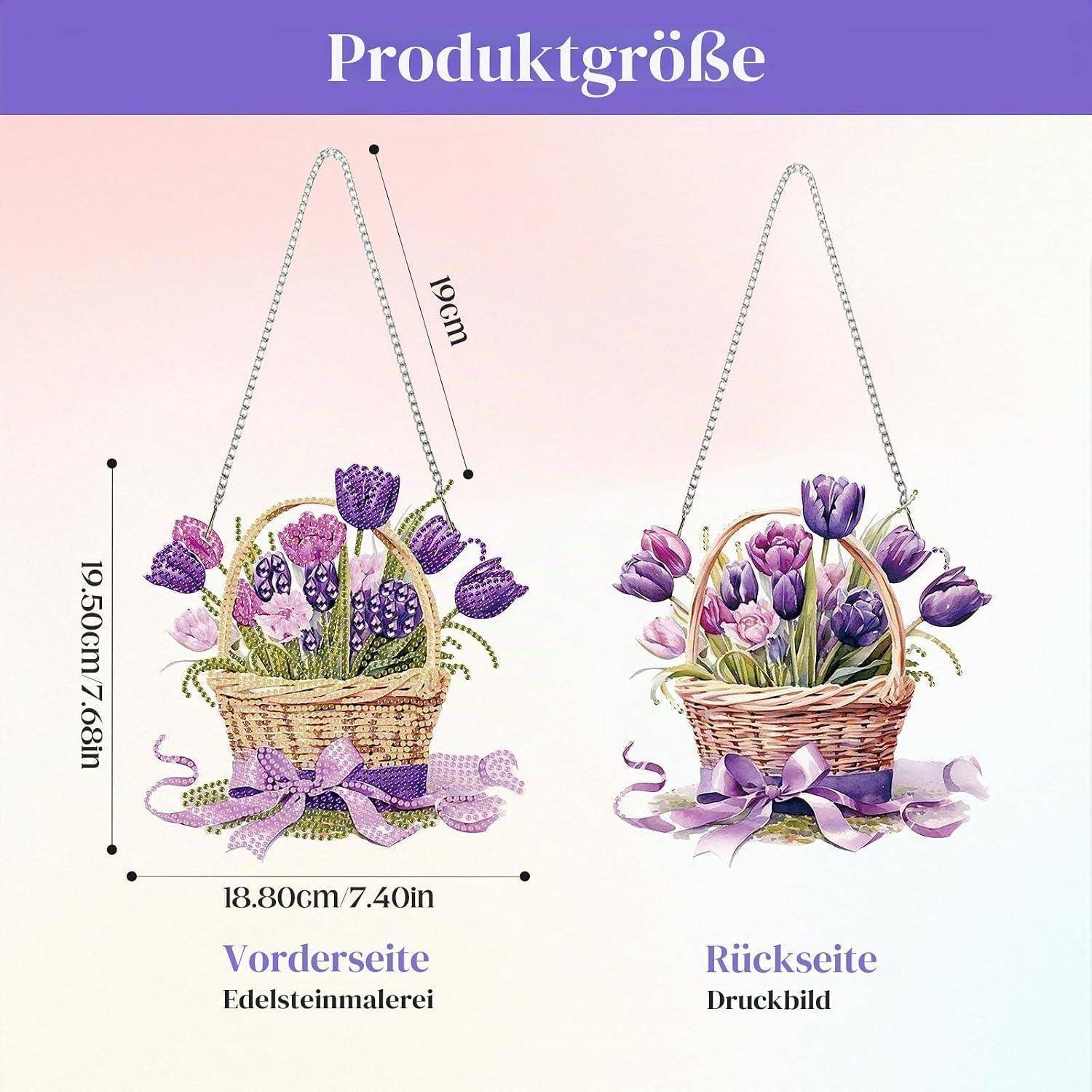 Produktgrößendiagramm mit Ansichten eines hängenden Blumenkorbs von vorne und hinten mit den Abmessungen 19 cm Höhe, 18,8 cm Breite und 19 cm Riemenlänge.