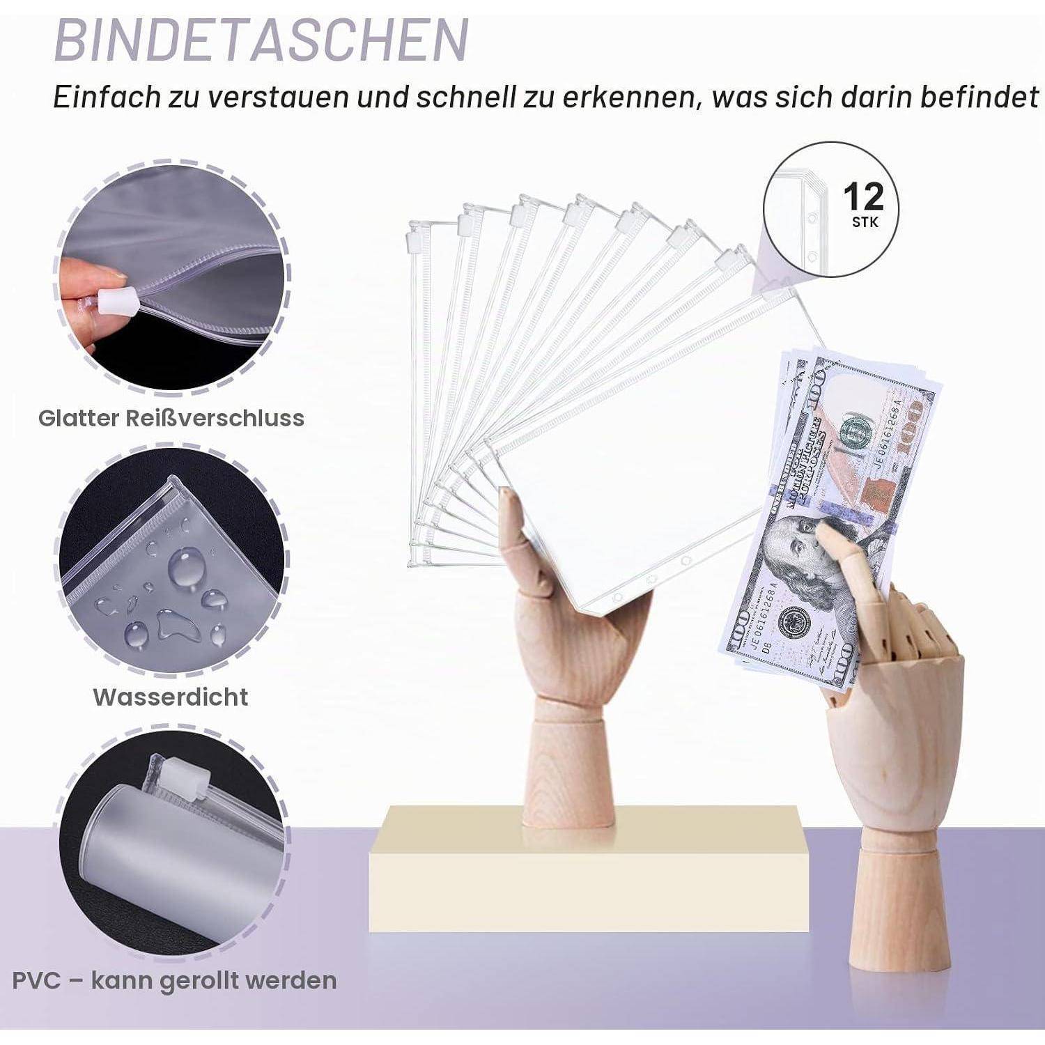 Werbebild von transparenten Reißverschluss-Geldtaschen mit „12 STK