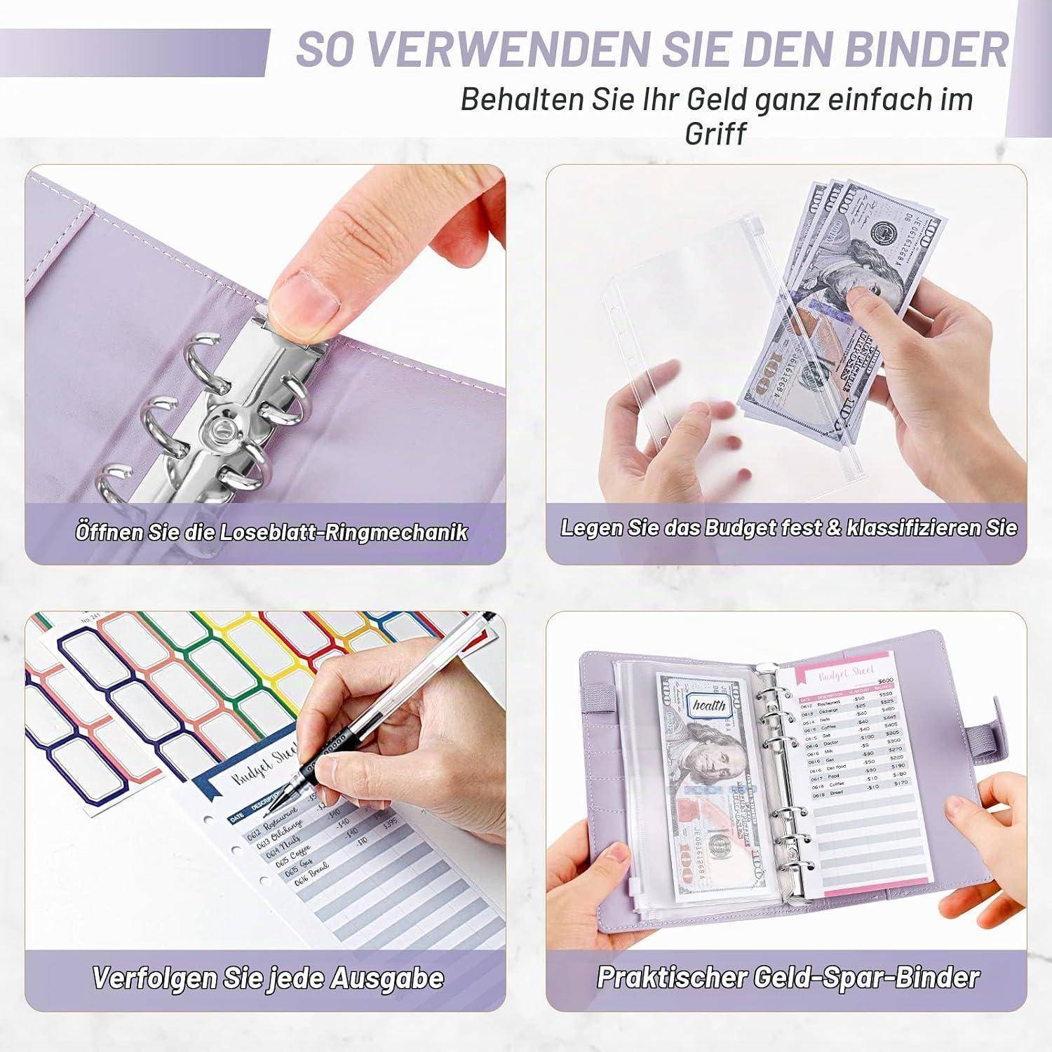 Anleitung-Collage für einen Ringordner zur Budgetierung: Öffnen Sie den Ordner, führen Sie Bargeld ein, verfolgen Sie Ausgaben und verwenden Sie ihn als Sparordner.