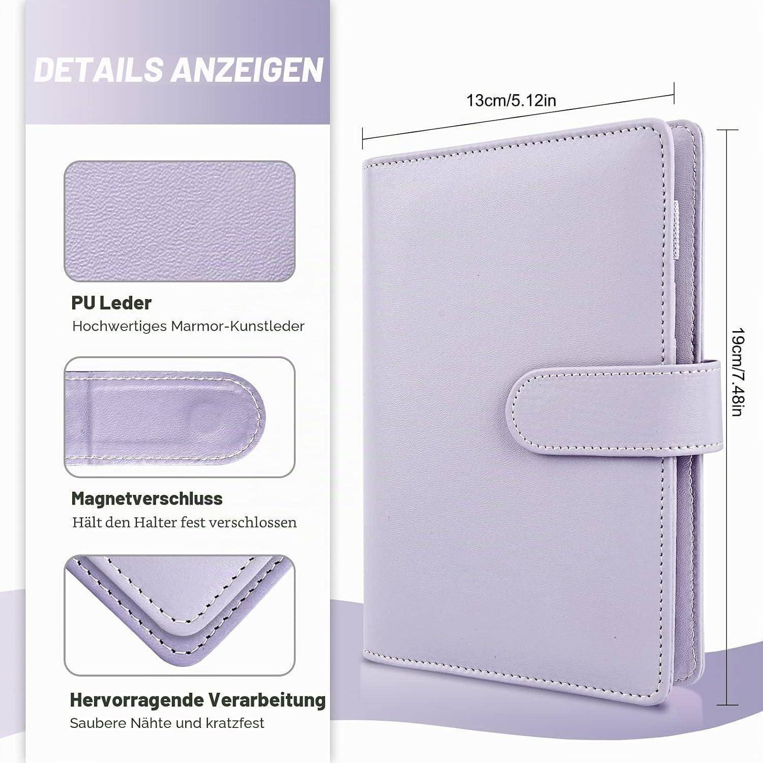 Lavendelfarbenes PU-Lederportemonnaie oder Kartenhalter mit Magnetverschluss; Abmessungen wie gezeigt 13 cm breit und 19 cm hoch, mit deutschen Funktionsbeschriftungen.