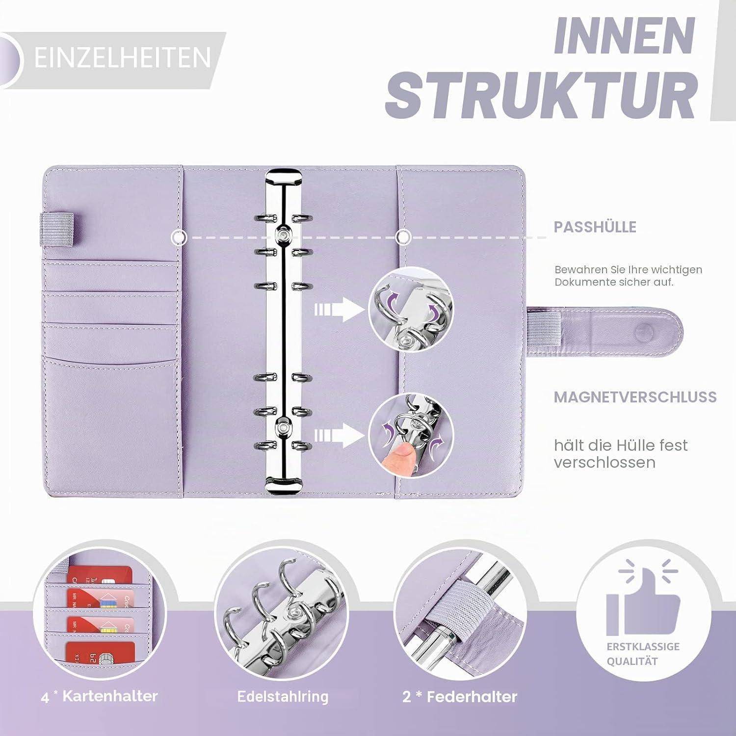 Illustration eines Lavendelfarben-Ringorganizers mit Darstellung der inneren Struktur: Kartensteckplätze, Metallringmechanismus, Stiftschlaufen, Durchsichtstasche und Magnetverschluss, mit Funktionsbeschriftungen und Qualitätssiegel.