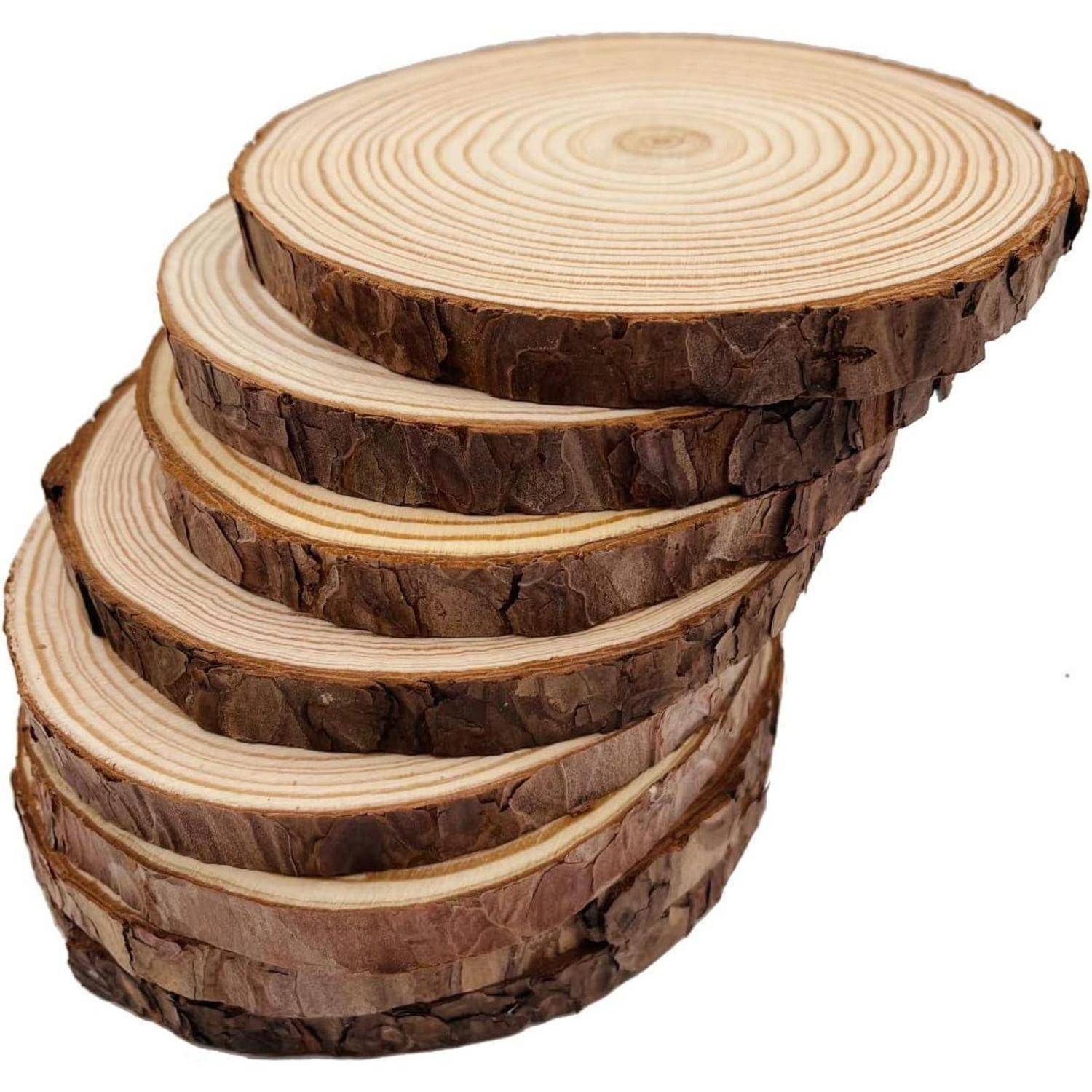 Stapel von fünf rustikalen Baumstamm-Holzscheiben mit Rinde, auf weißem Hintergrund dargestellt.