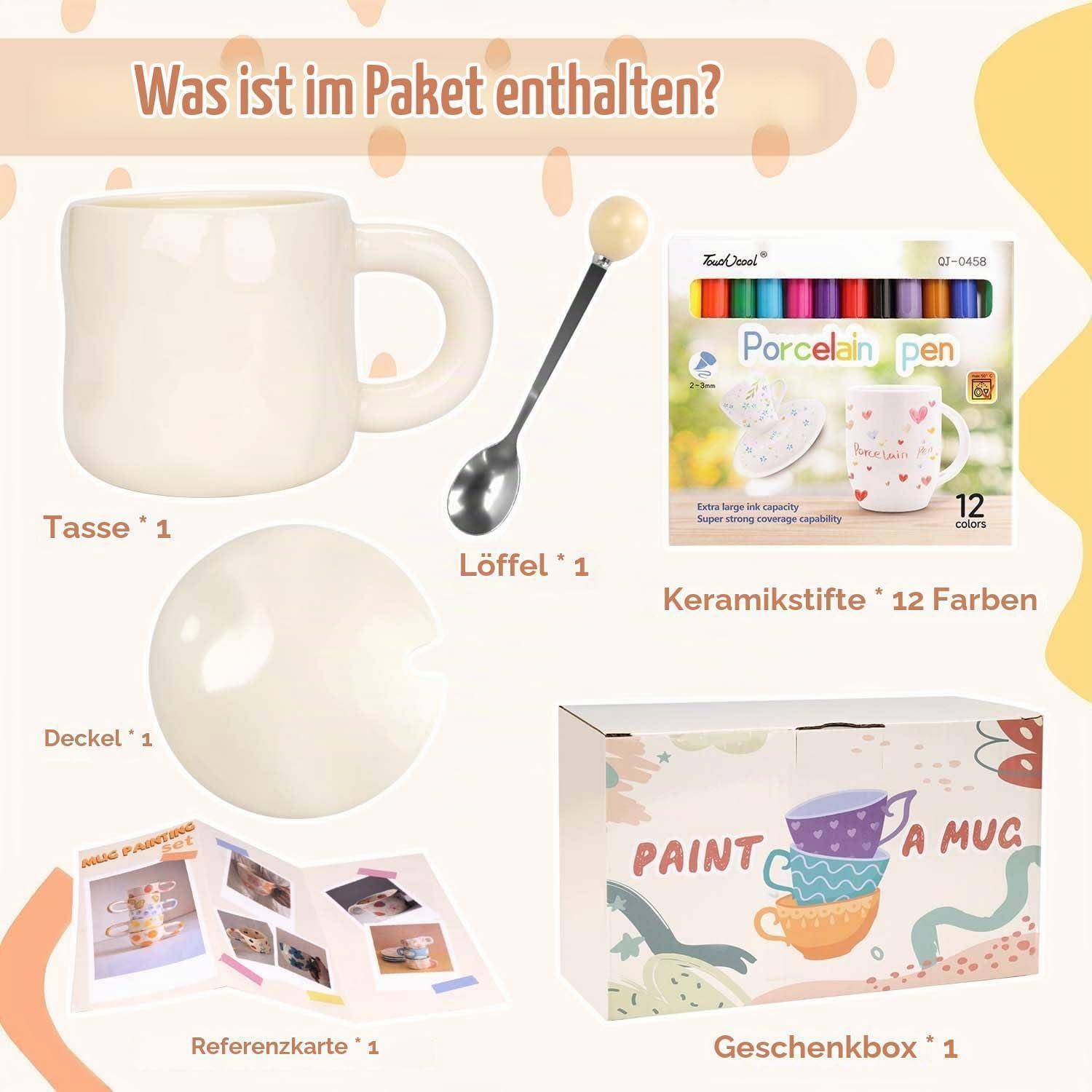 Produktinhalt-Infografik für ein Tassenset mit 1 Tasse, 1 Löffel, 1 Deckel, 12-er Satz Keramikstiften, einer Referenzkarte und einer Geschenkbox.