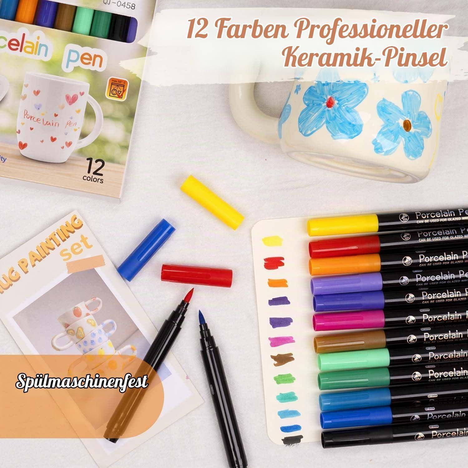 Werbebild von Porzellanmalstiften und einer bemalten Tasse, das ein 12er-Set Keramikpinsel und farbenfrohe Marker zum Porzellanmalen zeigt.