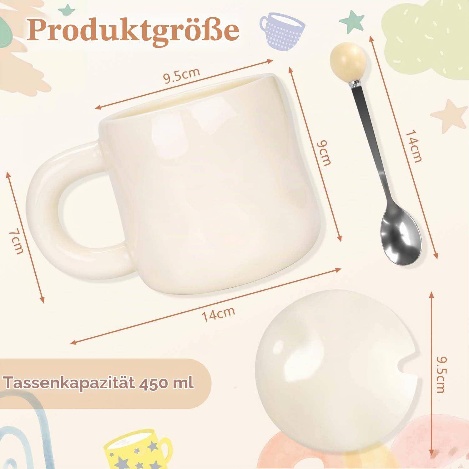 Produktgrößendiagramm mit einer 450-ml-Tasse, 14 cm breit und 9 cm hoch, mit einem 14 cm langen Löffel; zusätzlicher kreisförmiger Deckel oder eine Schüssel mit einem Durchmesser von 9,5 cm.