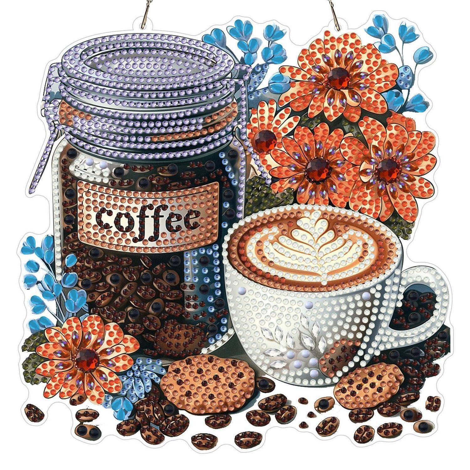 Dekorativer Aufkleber eines Kaffeeglases und einer Latte-Tasse, umgeben von Kaffeebohnen und orange-blauen Blüten.
