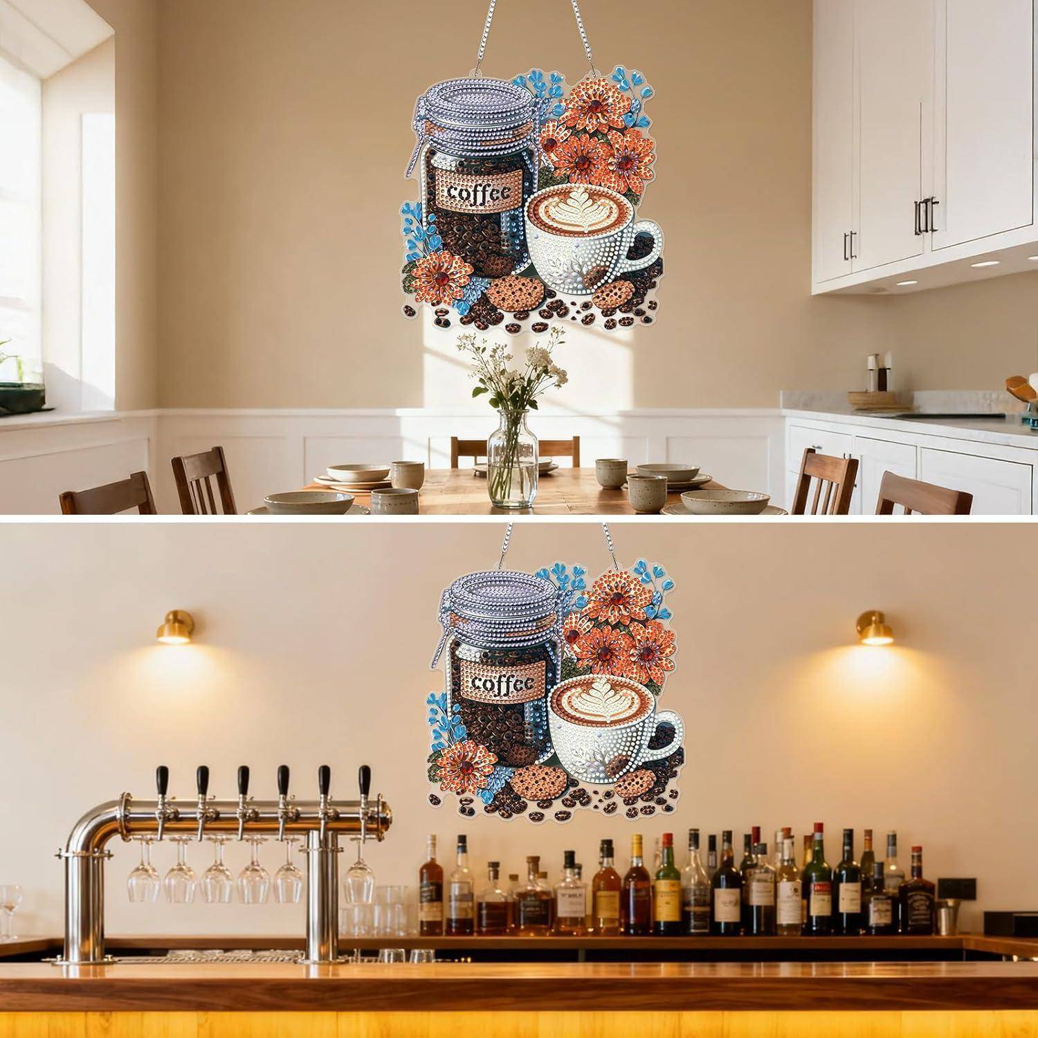 Kaffee-Wandkunst zum Aufhängen mit einem Glas mit der Aufschrift „Kaffee