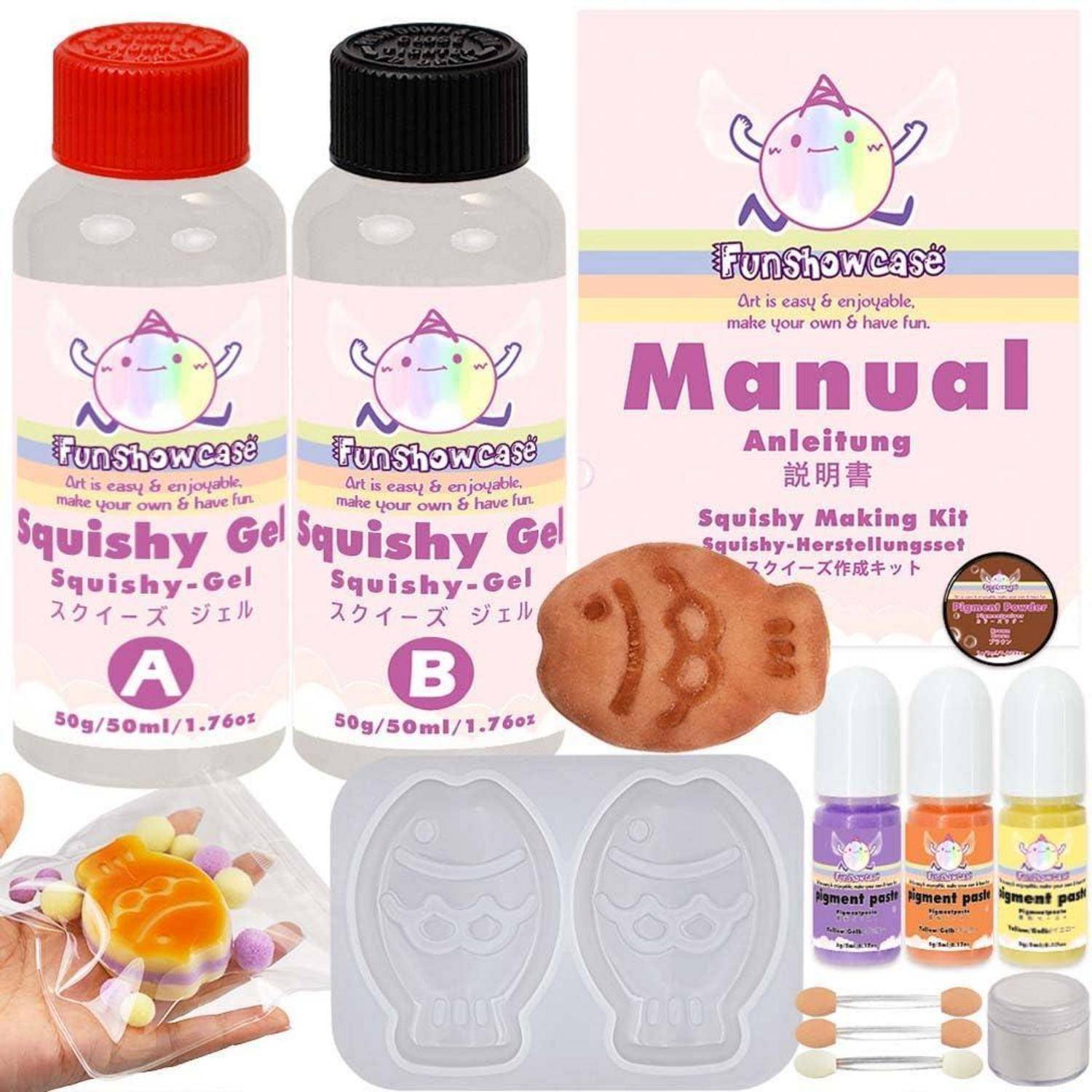 Bastelset-Produktbild mit Funshowcase Squishy Gel A- und B-Flaschen, Anleitung, Form, Ton-Muster, Pigmentstifte und Werkzeugen zum Herstellen eines Squishys.