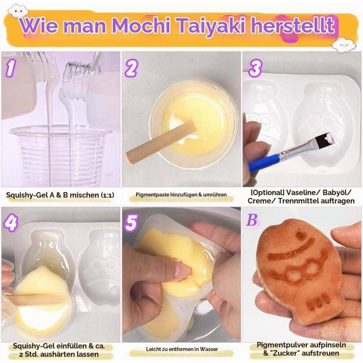 Anleitung-Infografik mit dem Titel „Wie man Mochi Taiyaki herstellt