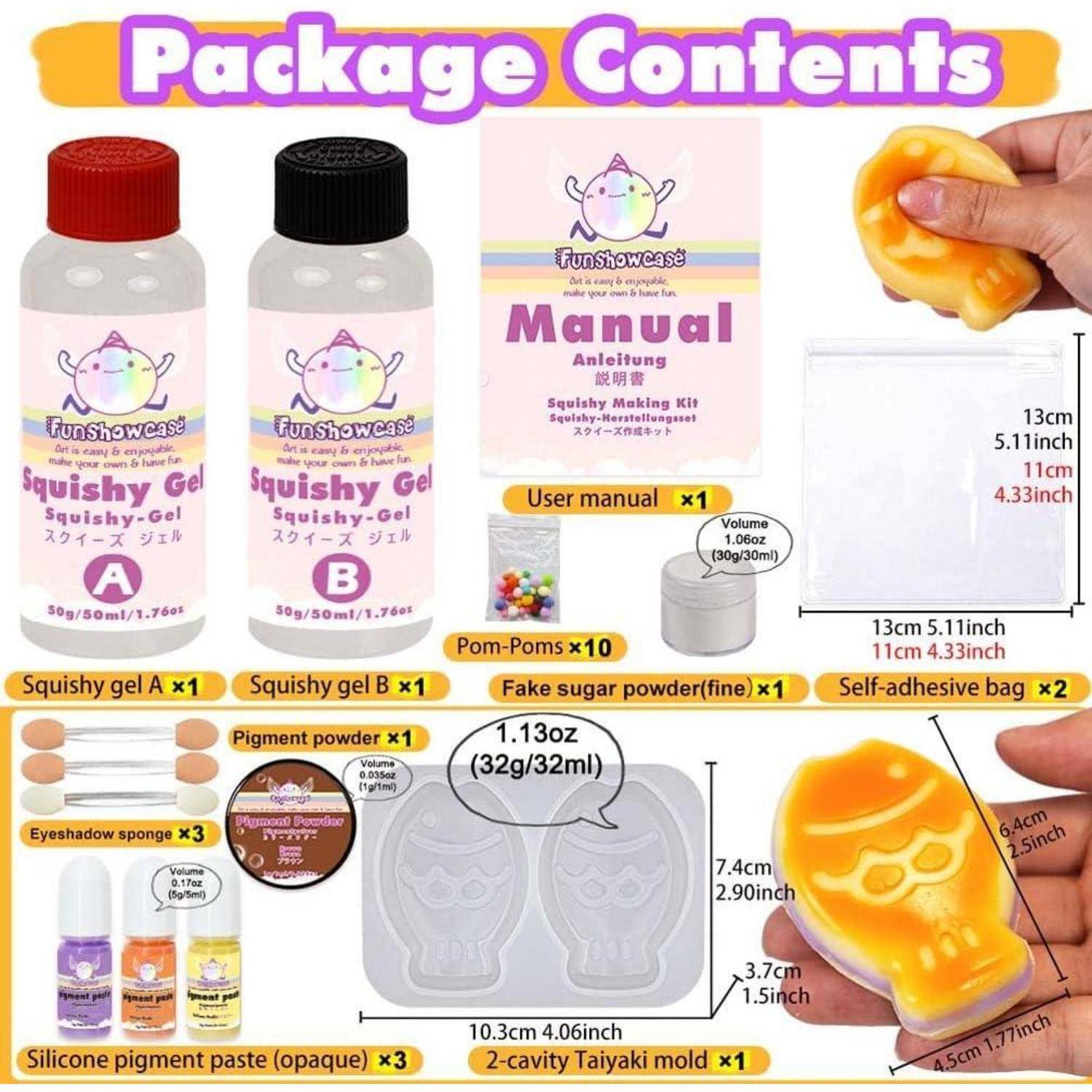 Paketinhalt für ein weiches Gel-Set: zwei Gelflaschen, Benutzerhandbuch, selbstklebende Beutel, Pigmentpulver und Paste, Pompons, künstliches Zuckerpulver und eine 2er-Tigerform.