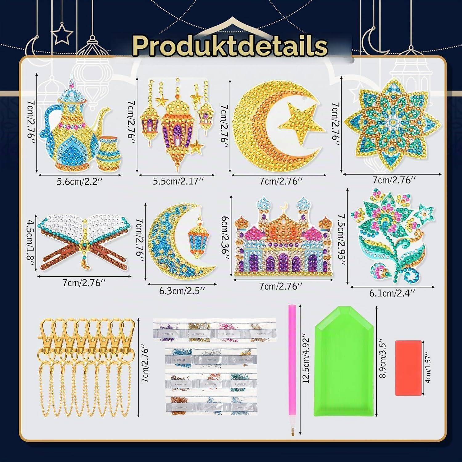 Produktdetails mit farbenfrohen Strass-Handwerksstücken und Zubehör: Ohrringe, Halbmond- und Sternendesigns, Haarspangen und Werkzeuggröße mit Maßangaben.