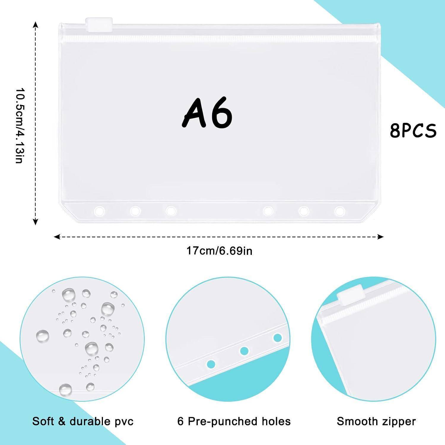 A6 transparente PVC-Reißverschlusstasche für Dokumente, 17 x 10,5 cm, 8er-Pack; zeigt weiches langlebiges Material, 6 vorgebohrte Löcher und sanfter Reißverschluss.