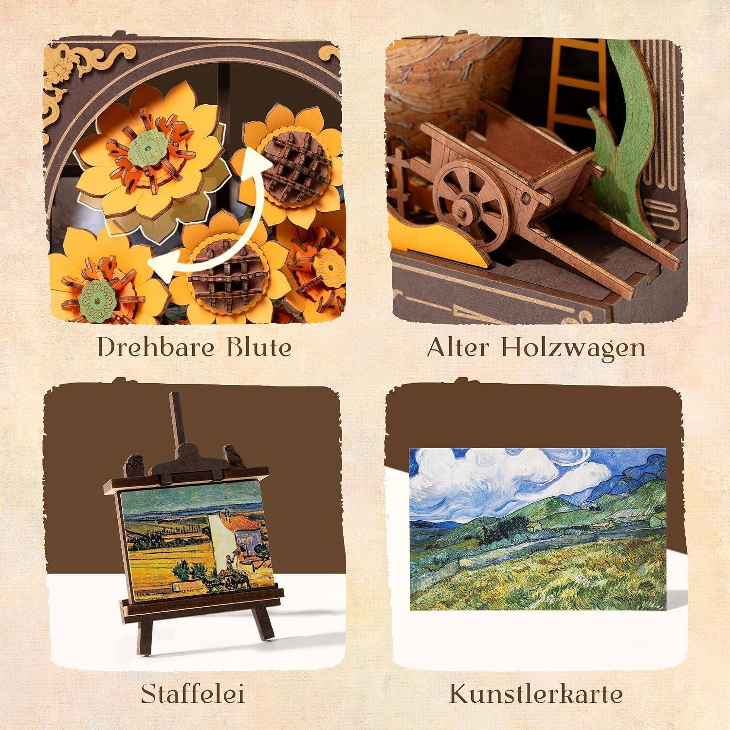 Vier gekennzeichnete Beispiele von handgefertigter Kartenerkunst: rotierbare Blumenkarte, Holzkarren, Staffeleimalerei und Landschaftskunstkarte.