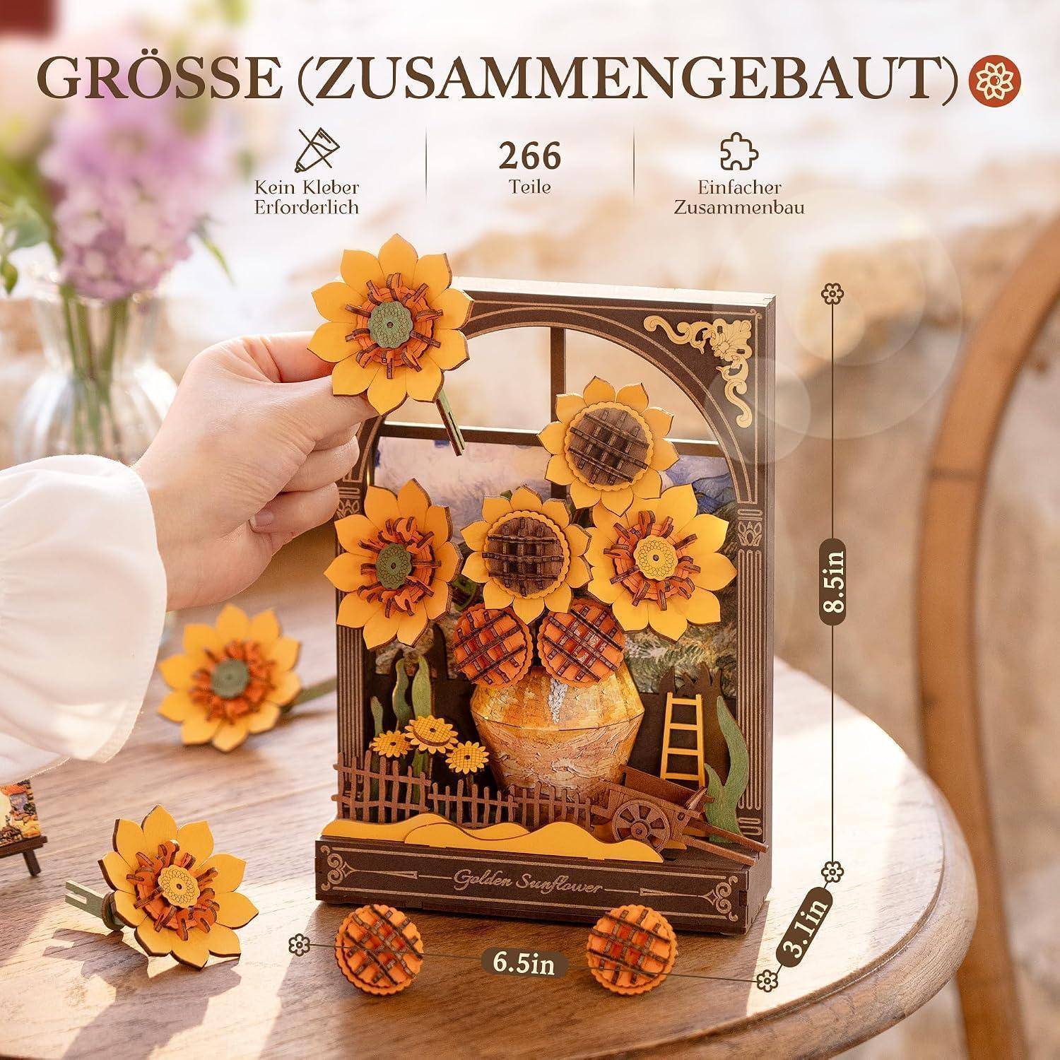 Anzeige für ein 3D-Sonnenblumen-Handwerkspuzzle-Display mit zusammengebauter Größe von 8,5 x 6,1 x 6,5 Zoll, 266 Teile, kein Kleber erforderlich.
