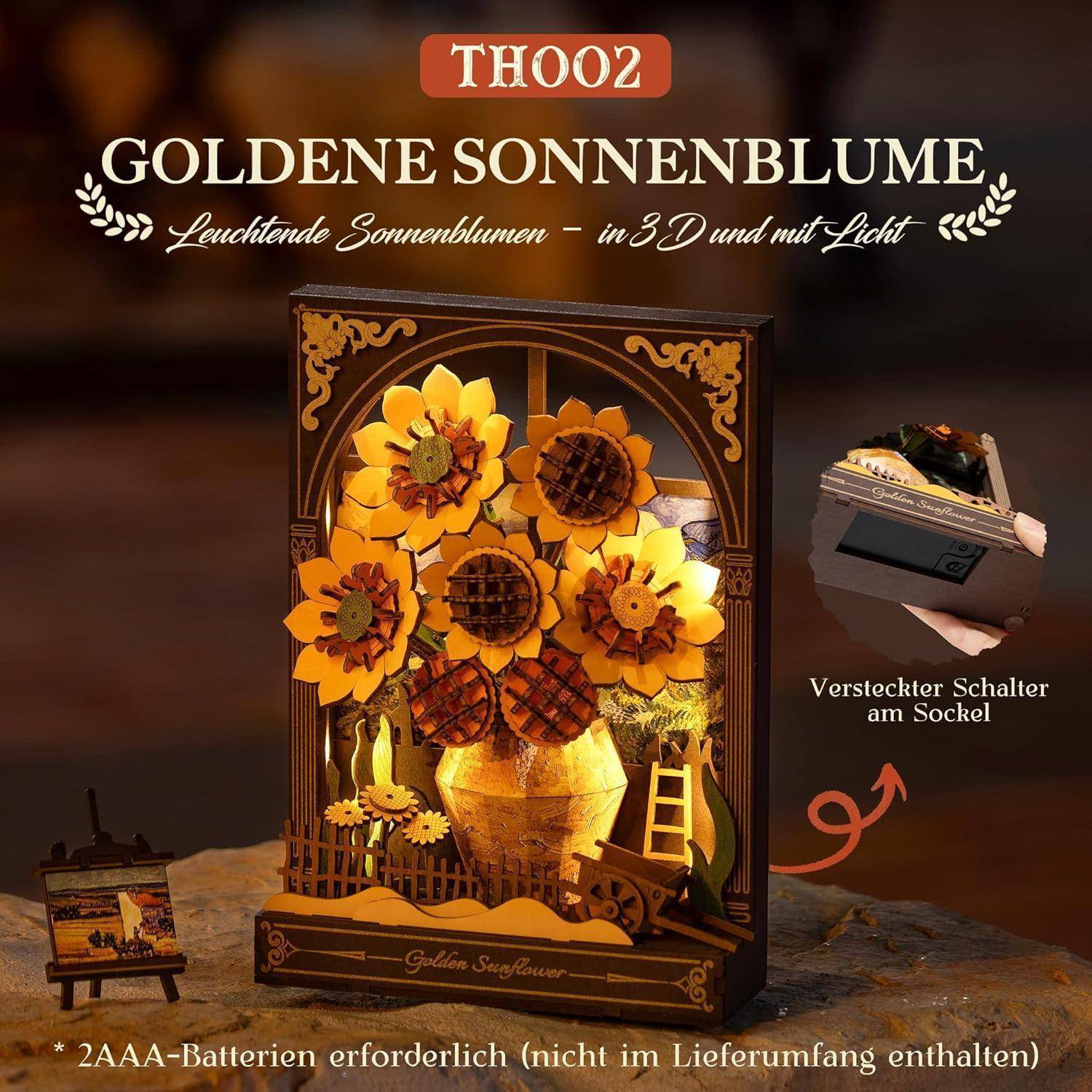 Produktbild einer 3D beleuchteten Sonnenblumen-Dekorbox mit der Bezeichnung „TH002 Goldene Sonnenblume