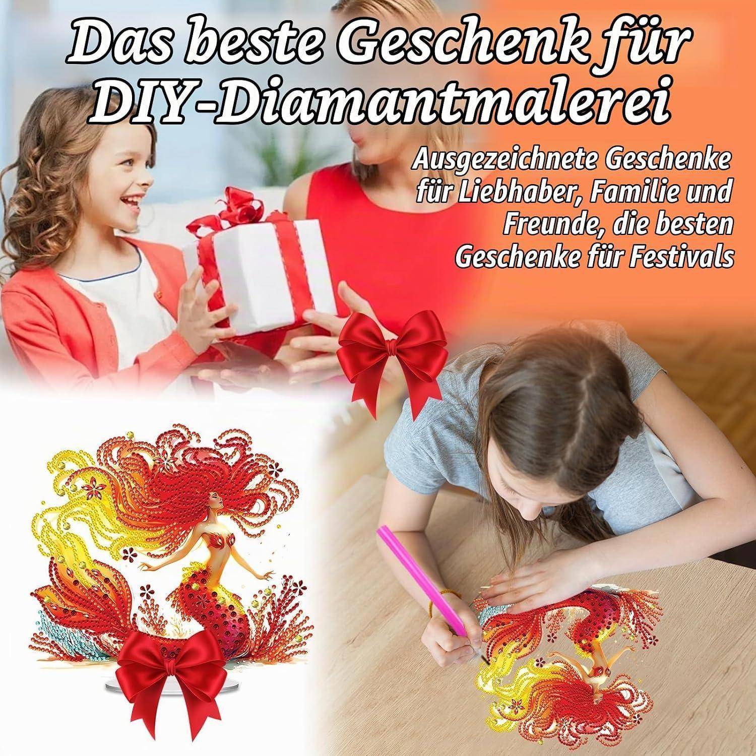 Werbe-Collage für DIY-Diamantmalerei-Geschenke, die ein Kind zeigt, das ein eingewickeltes Geschenk übergibt, und eine Frau, die ein farbiges Phönix-Design erstellt.