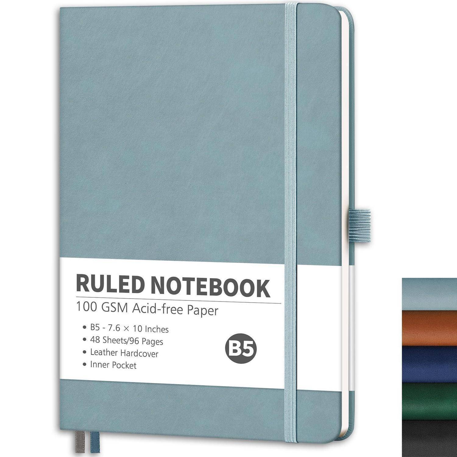 Blaues B5-Notizbuch mit Linien und Gummiband, gekennzeichnet mit „100 GSM säurefreies Papier