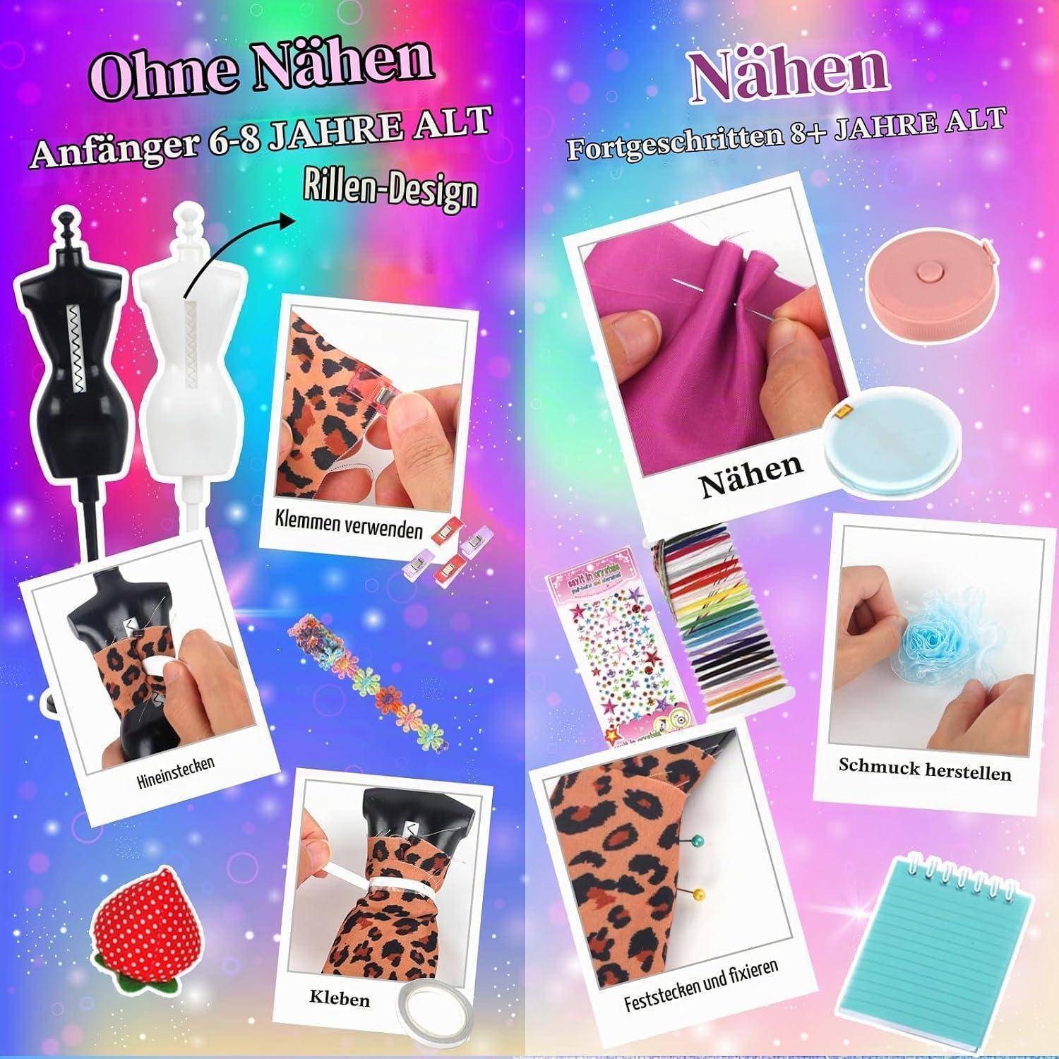 1000+ Modedesign Bastelset Kinder, Fashion Design Basteln Nähset Set mit 5 Mannequins, DIY-Art-Kit mit Sketchbook Stoffschere Mannequin