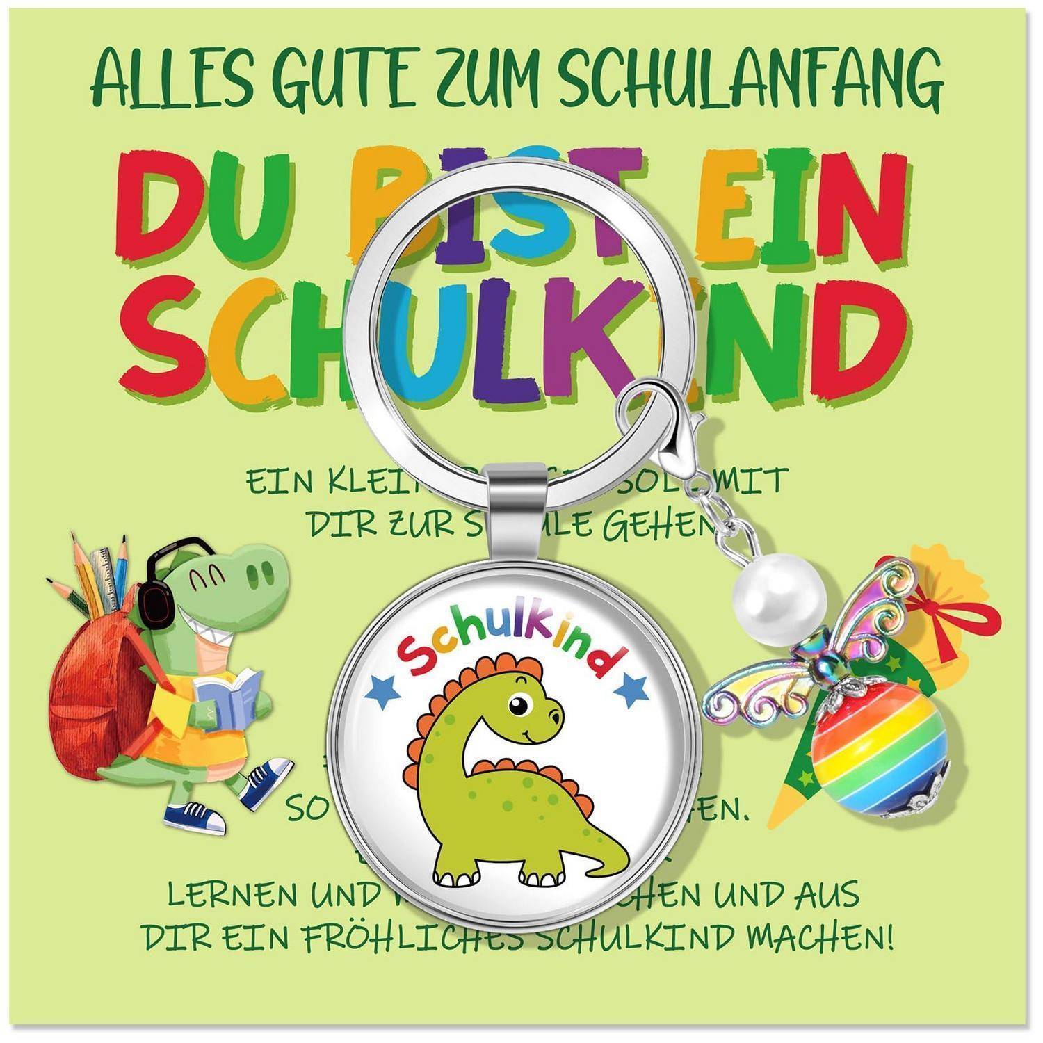 Buntes Einschulungsplakat auf Deutsch mit einem Lupe-Schlüsselanhänger mit der Aufschrift „Schulkind