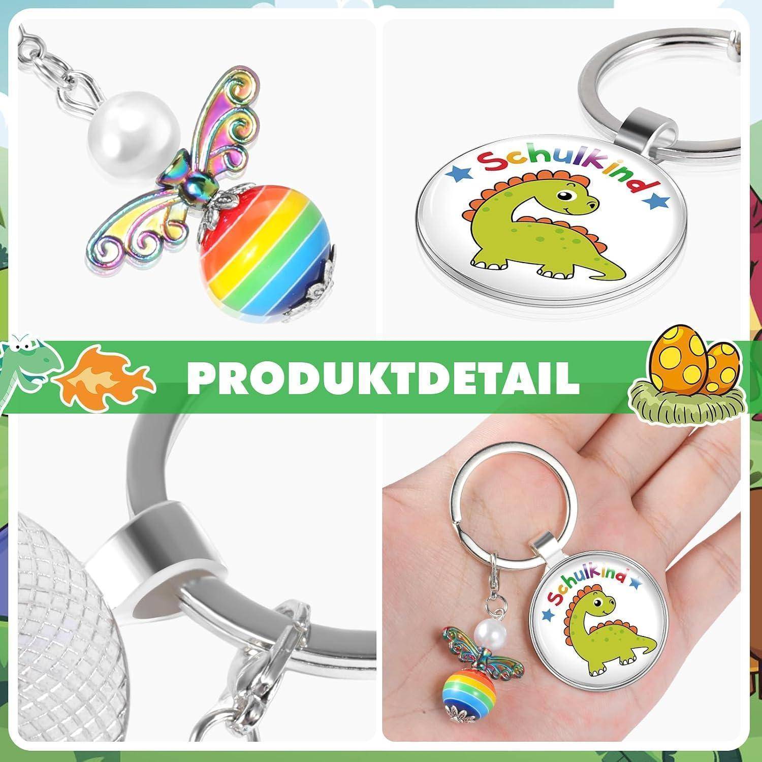 Collage eines Kinder-Schlüsselanhängers: Schmetterlings- und Regenbogen-Perlenanhänger, ein runder "Schulkind""-Dinosaurier-Schlüsselring, Nahaufnahme des Clips und der Artikel in einer Hand.