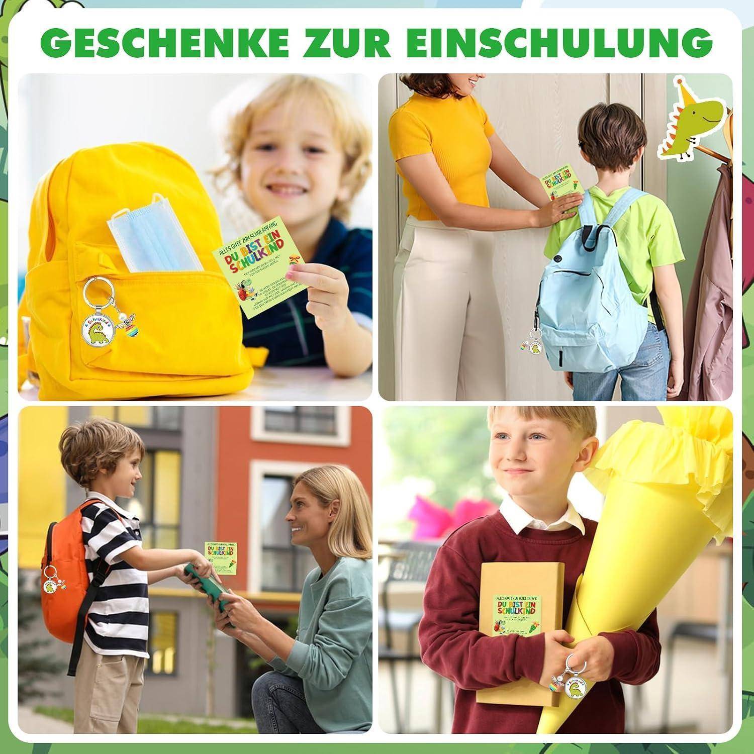 Collage mit dem Titel „GESCHENKE ZUR EINSCHULUNG" zeigt Kinder, die Schulanfangsgeschenke erhalten: Rucksäcke, Schultüten und eine Karte, wobei Eltern zu Hause und in der Schule helfen.