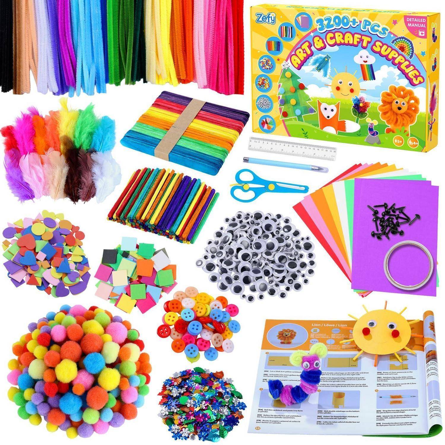 Sortiertes Bastel- und Kunstbedarfsset für Kinder mit farbigem Papier, Pompons, Federn, Stöcken, Schere, Wackelaugen, Pailletten, Knöpfen, Lineal und Anleitung.