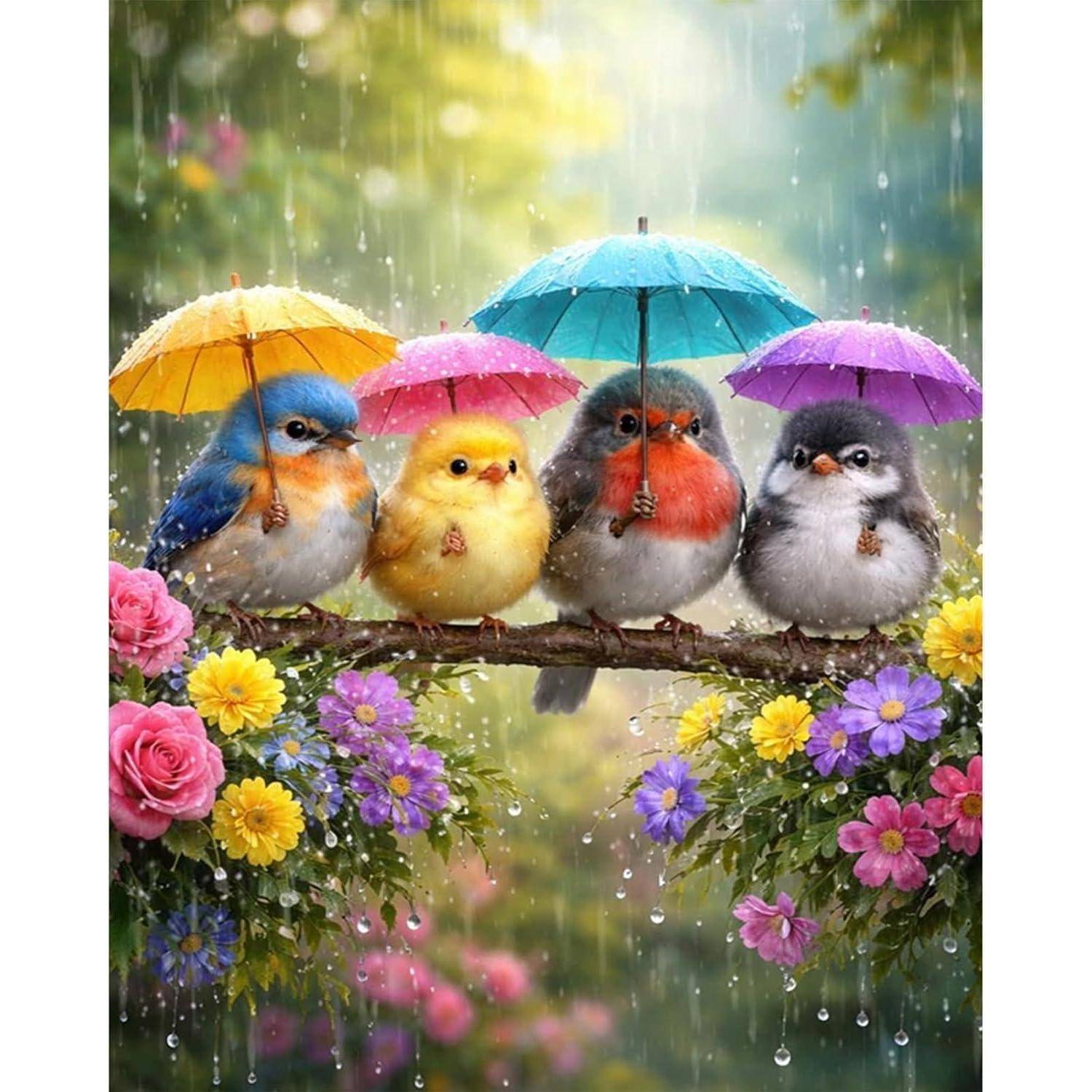 Vier bunte Babyvögel hocken auf einem Ast unter Schirmen im Regen, umgeben von blühenden Blumen.