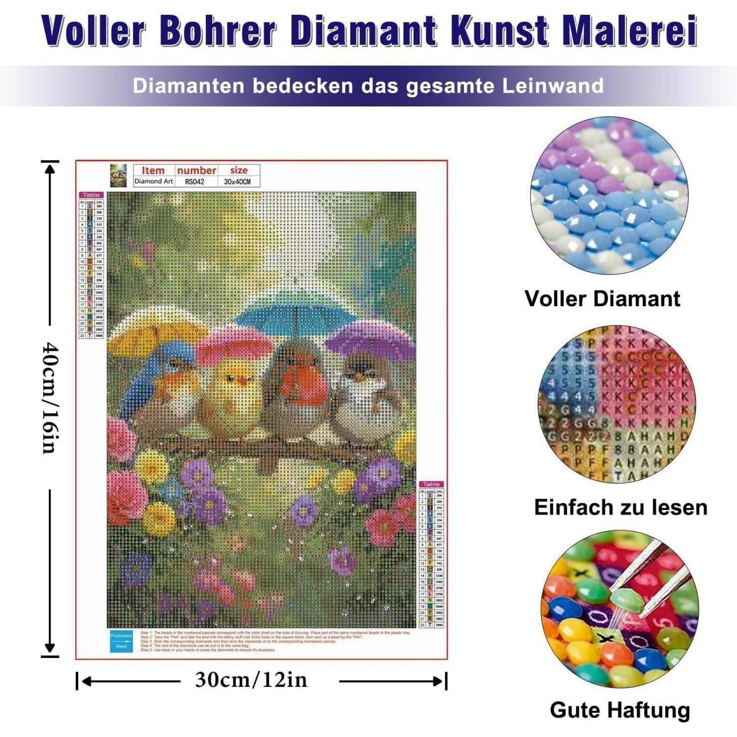 Diamond-Painting-Set mit vier Vögeln auf einem Ast; 30x40 cm Leinwand, vollständige Diamantabdeckung, leicht zu lesendes Diagramm, gute Haftung.