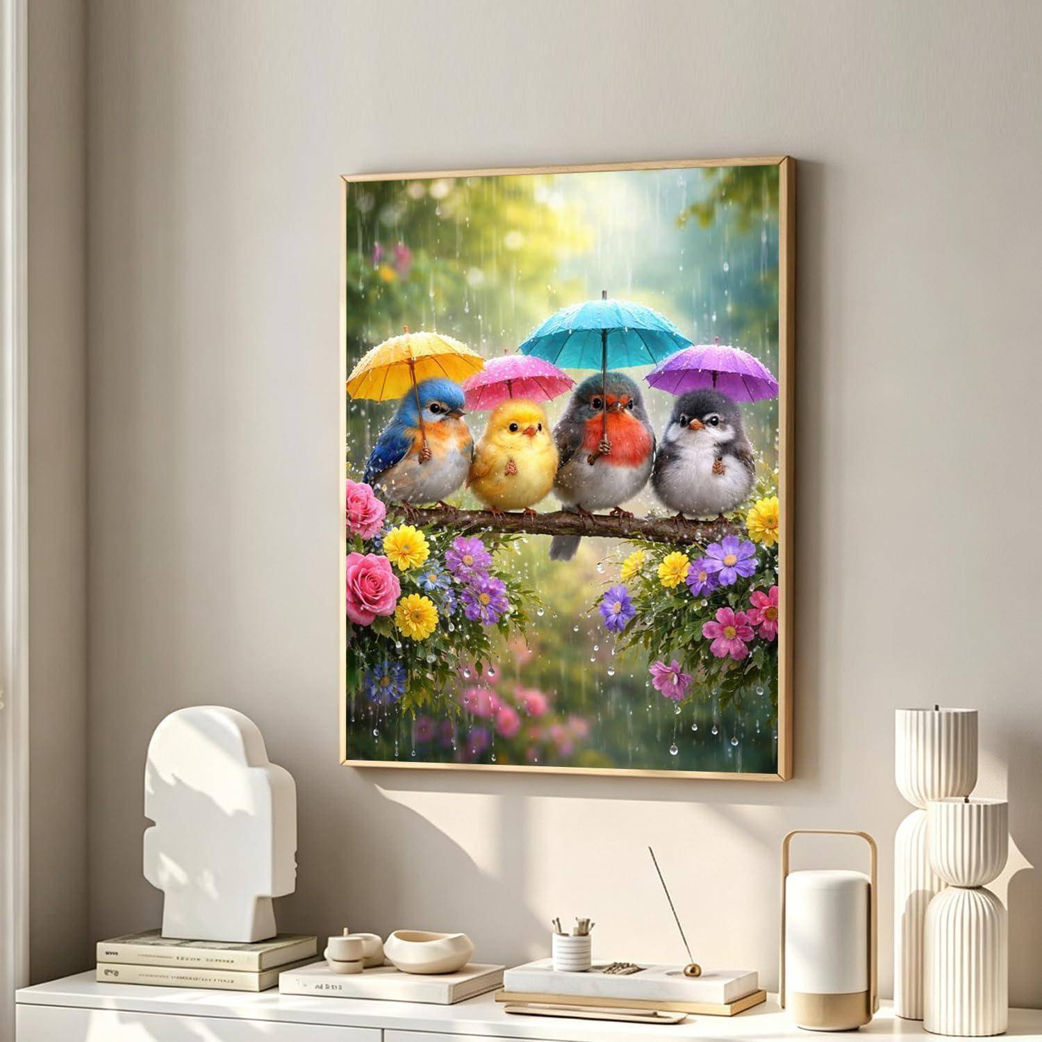Gerahmtes verspieltes Vogelbild: vier farbenfrohe Vögel sitzen auf einem Ast unter Regenschirmen, umgeben von Blumen, über einer minimalistischen Tischplatzdisplay.