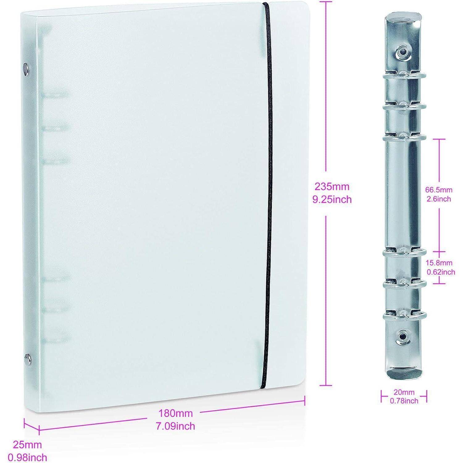Produktfoto einer transparenten Ordnerabdeckung mit schwarzem Rücken und passendem Metallscharnier, beschriftet mit Abmessungen in Millimetern und Zoll.