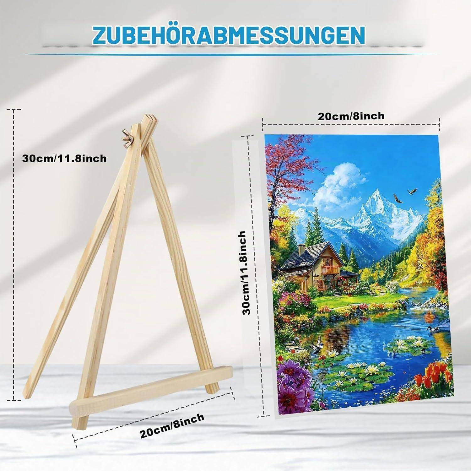 Illustration einer Holz-Tischstaffeleiei mit Größenetikett, das zeigt, dass sie eine 20 cm x 30 cm Leinwand passt; Beispiel einer Landschaftsmalerei auf der rechten Seite dargestellt.