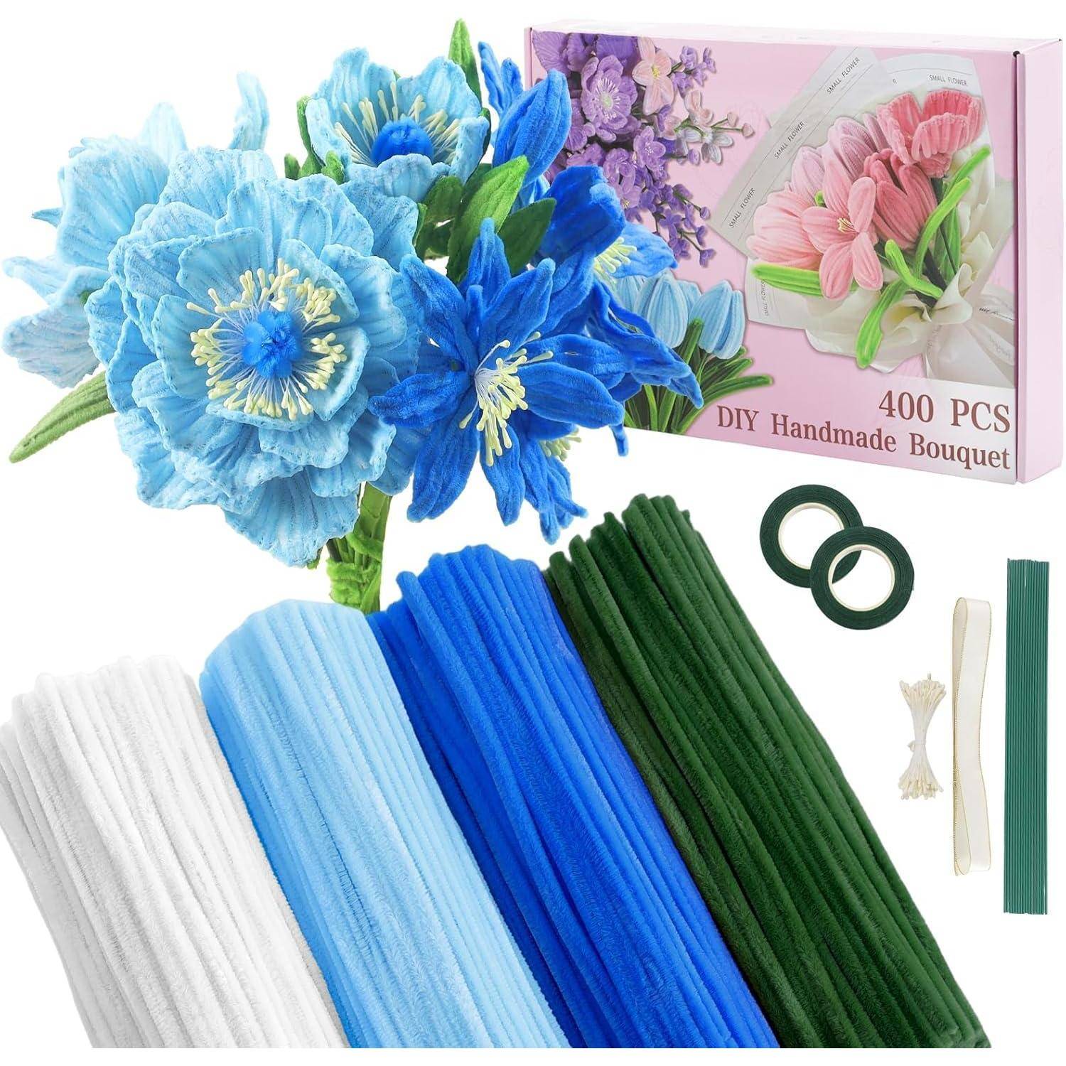 DIY-Set für handgefertigte Blumensträuße mit blauen und rosa künstlichen Blumen, 400 Teile, plus farbige Stängelmaterialien und Blumendraht.