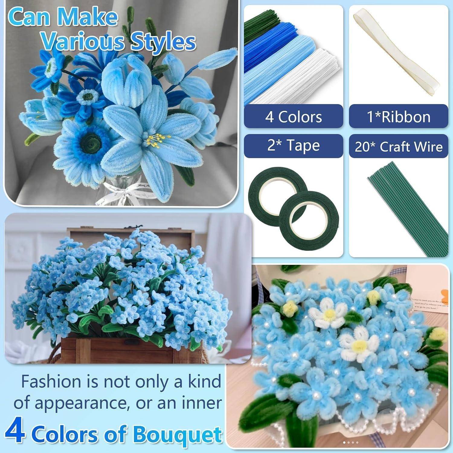 Collage zeigt blaue künstliche Blumensträuße und Bastelmaterialien, beschriftet mit „Verschiedene Stile möglich