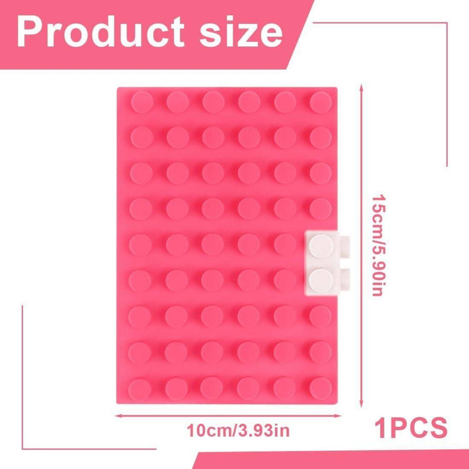 Produktgrößen-Diagramm zeigt ein rosa rechteckiges Pad mit Noppen, 15 cm hoch und 10 cm breit, mit der Bezeichnung „1 STÜCK