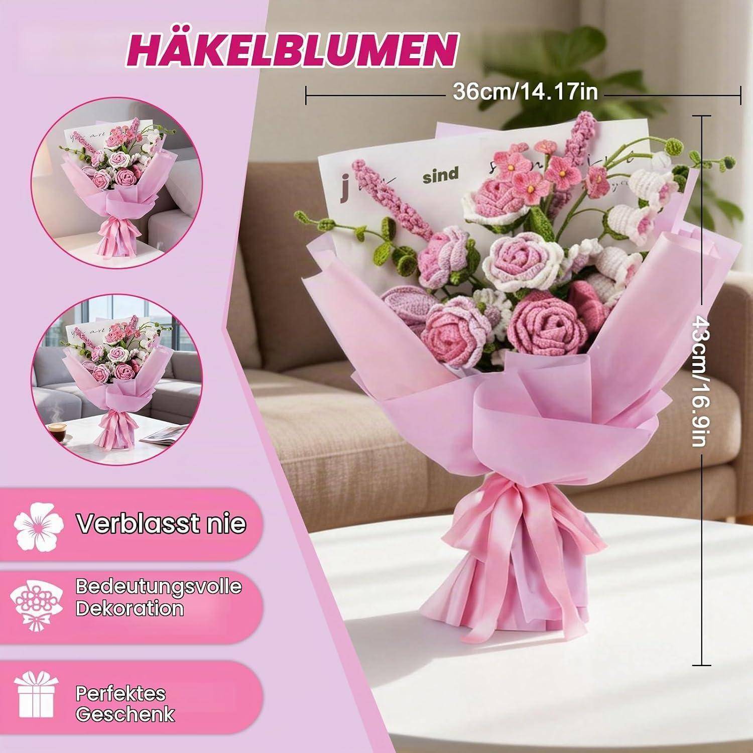 Rosa gehäkelte Blumensträuße in rosa Verpackung, gezeigt als dekoratives Geschenk. Der Text liest sich „HÄKELBLUMEN