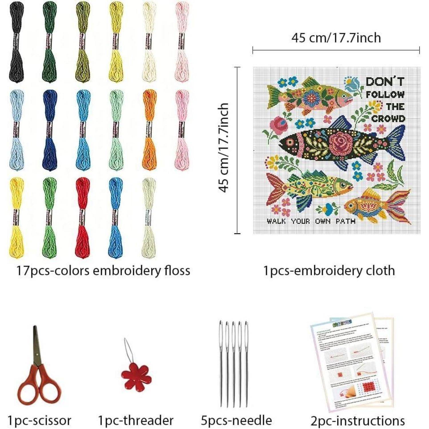 Stickerei-Set Inhalt: 17 Garnfarben, 45 cm großes quadratisches bedrucktes Tuch mit Fischdesign und Text 
