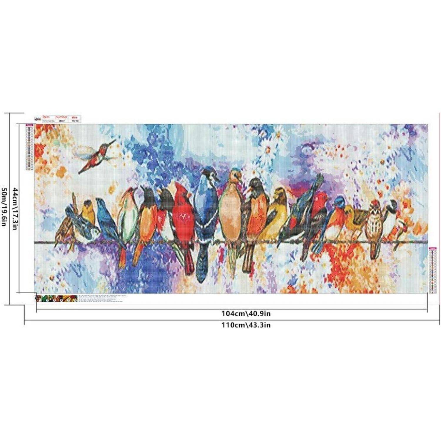 Buntes Gemälde von Vögeln auf einem Ast vor einem spritzigen blauem, orangefarbenem und weißem Hintergrund, dargestellt mit Größenmessungen für einen panoramischen Wanddruck.