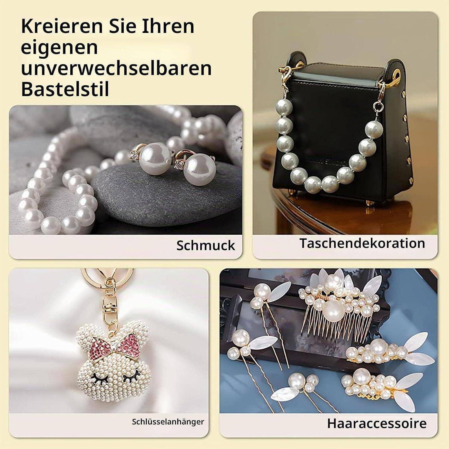 Collage von Perlenbasteleien: Schmuck, Taschendekoration, Schlüsselanhänger und Haarschmuck mit deutschem Titel „Kreieren Sie Ihren eigenen unverwechselbaren Bastelstil