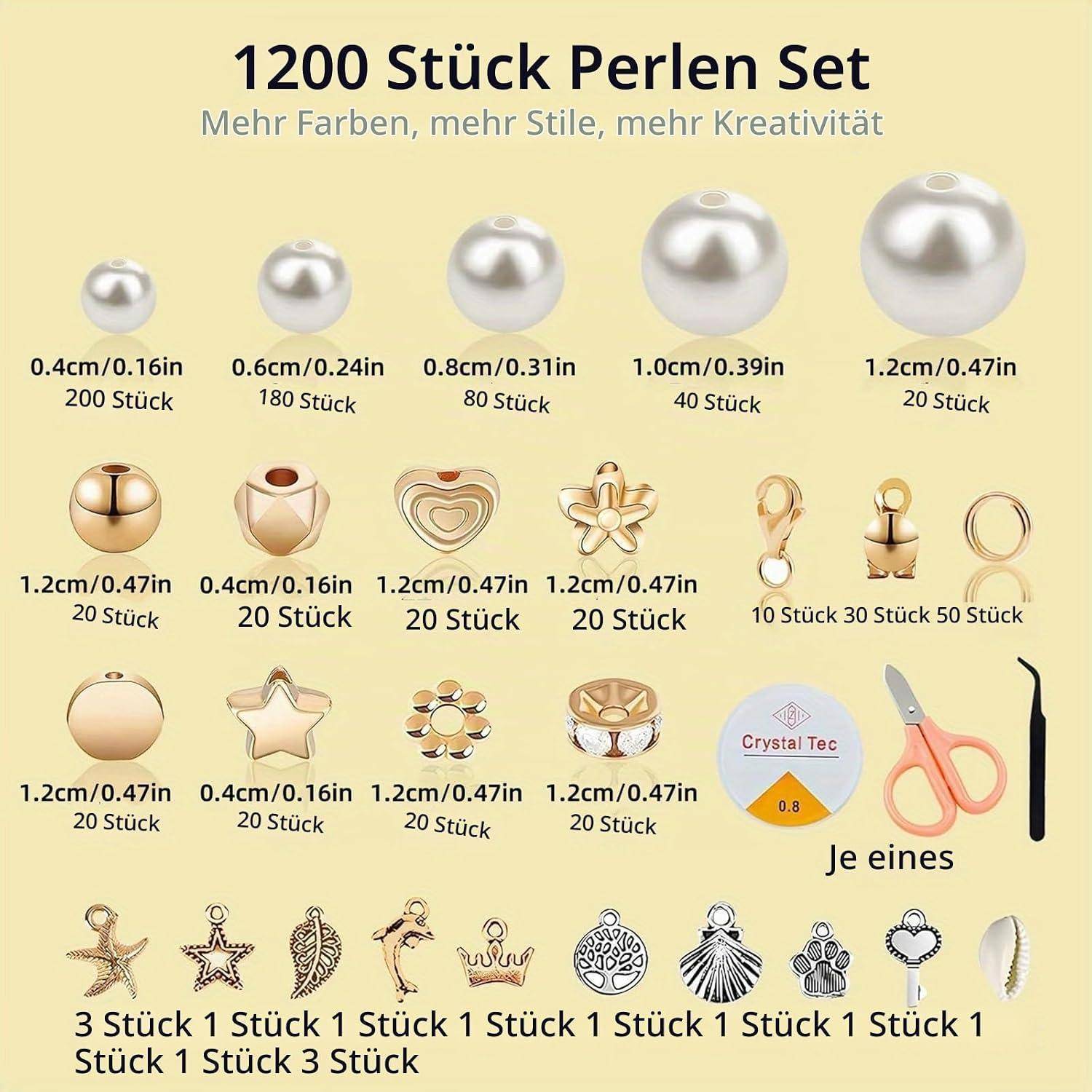 Infografik eines 1200er-Perlenperlen-Sets mit Größen, Mengen und assortiertem Goldschmuck, einschließlich Schere und Werkzeugen.
