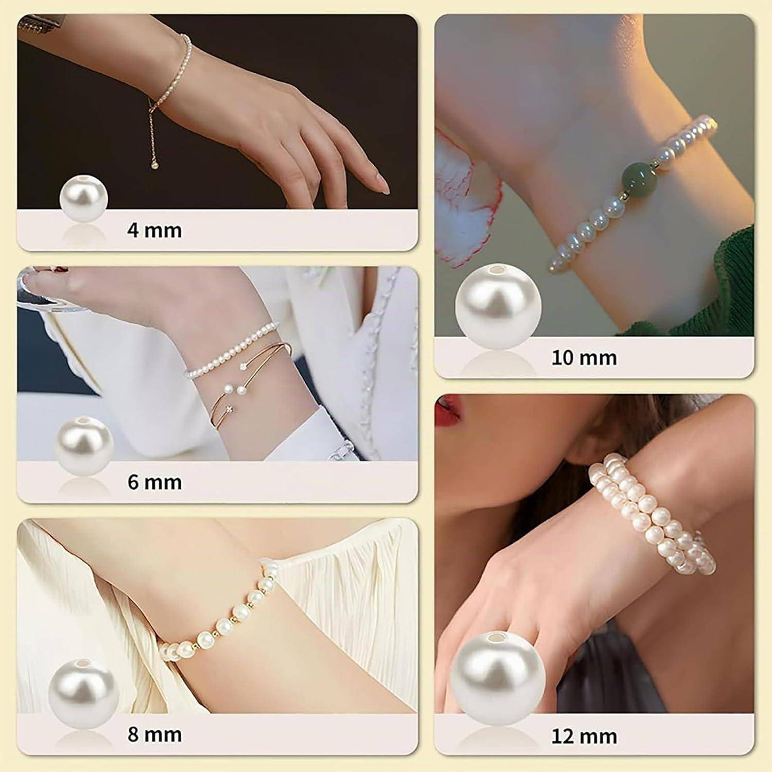 Collage von Perlenarmband-Größenoptionen an Handgelenken getragen, beschriftet mit 4 mm, 6 mm, 8 mm, 10 mm und 12 mm.