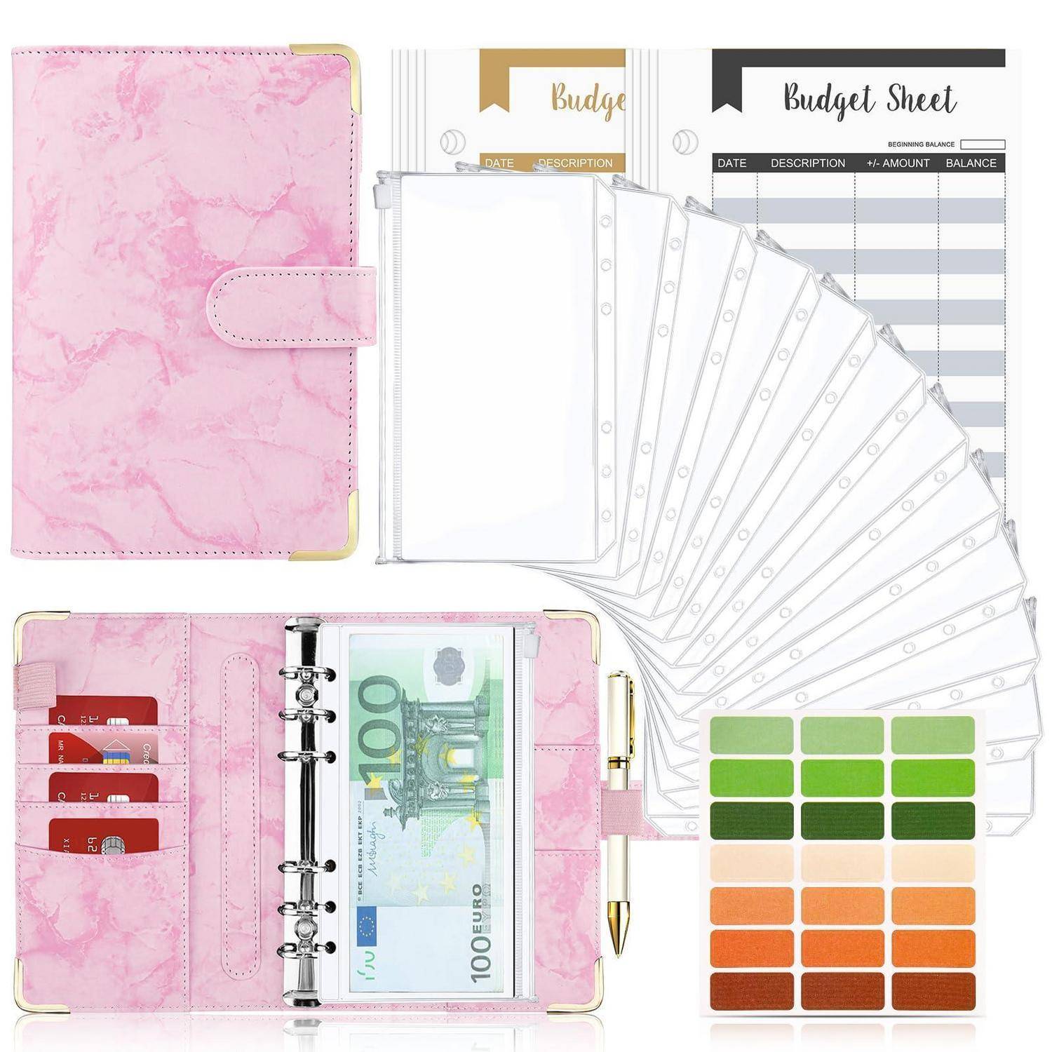 Rosa Marmor-Budget-Planer-Ordner mit Geldumschlägen, Budget-Sheets und farbigen Etiketten zum Organisieren von Ausgaben.