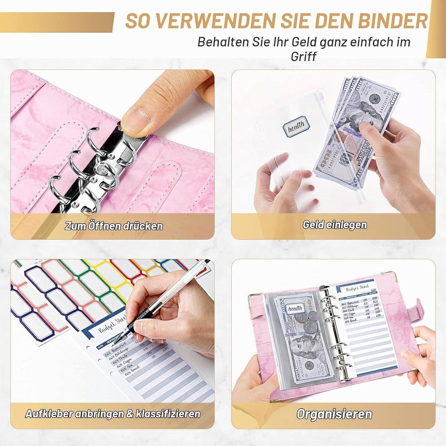 Anleitung zur Verwendung eines Ordner-Geldorganizers: Drücken zum Öffnen, Geld einführen, Etiketten hinzufügen und Geldscheine in den Fächern organisieren.