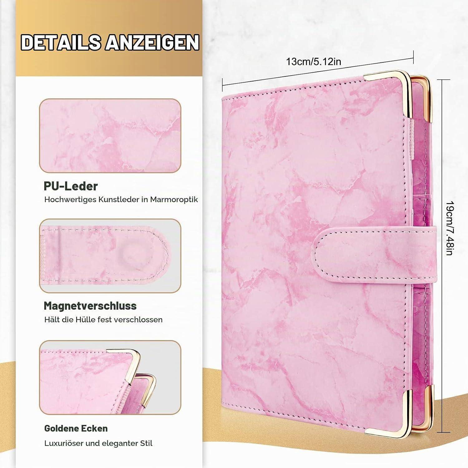 Rosa Marmor-Muster PU-Leder Handy-Geldbörsen-Etui mit Magnetverschluss und goldenen Eckenakzenten, gezeigt mit Abmessungen von 13 cm x 19 cm.