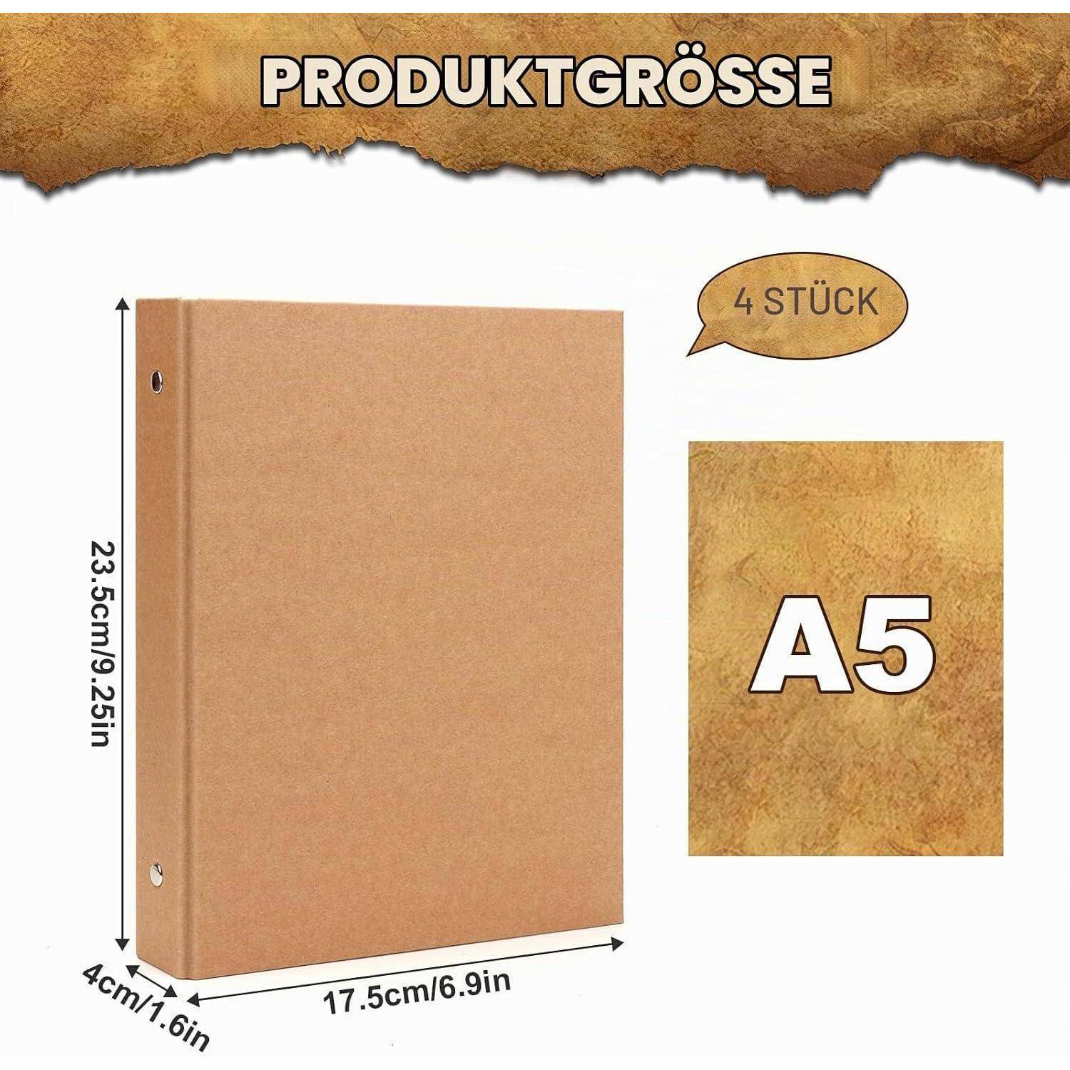 Produktgrößengrafik mit einem 4er A5-Ordner mit den Maßen 23,5 cm hoch, 17,5 cm breit und 4 cm tief.
