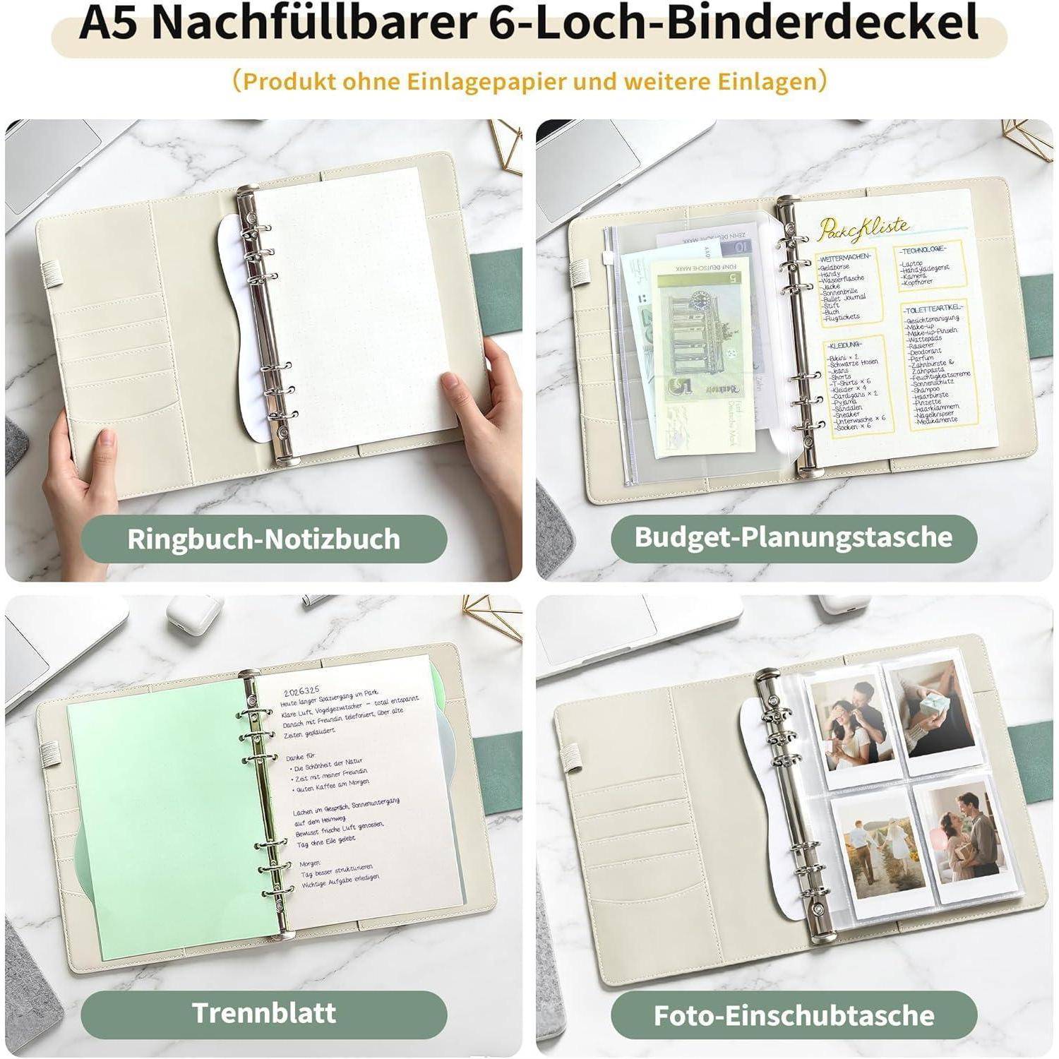 A5 nachfüllbarer 6-Ring-Binderumschlag in vier Verwendungen dargestellt: Notizbuch, Budget-Planer, Trennblatt und Fototascheneinlage.